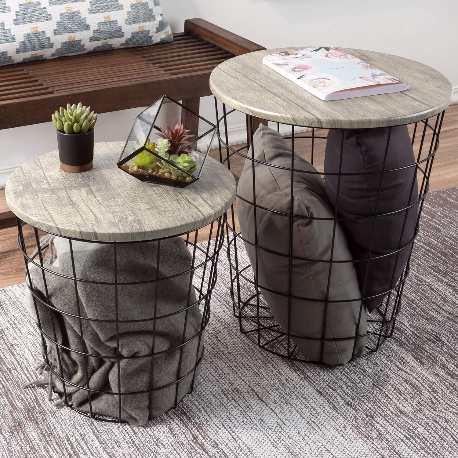 End Tables Set of 2 - Nesting Tables with Removable Wood Tops and Metal Basket Bases for Blanket Storage - Round Side Furniture for Living Room, Bedroom, or Home Office by Lavish Home (Gray/Black)