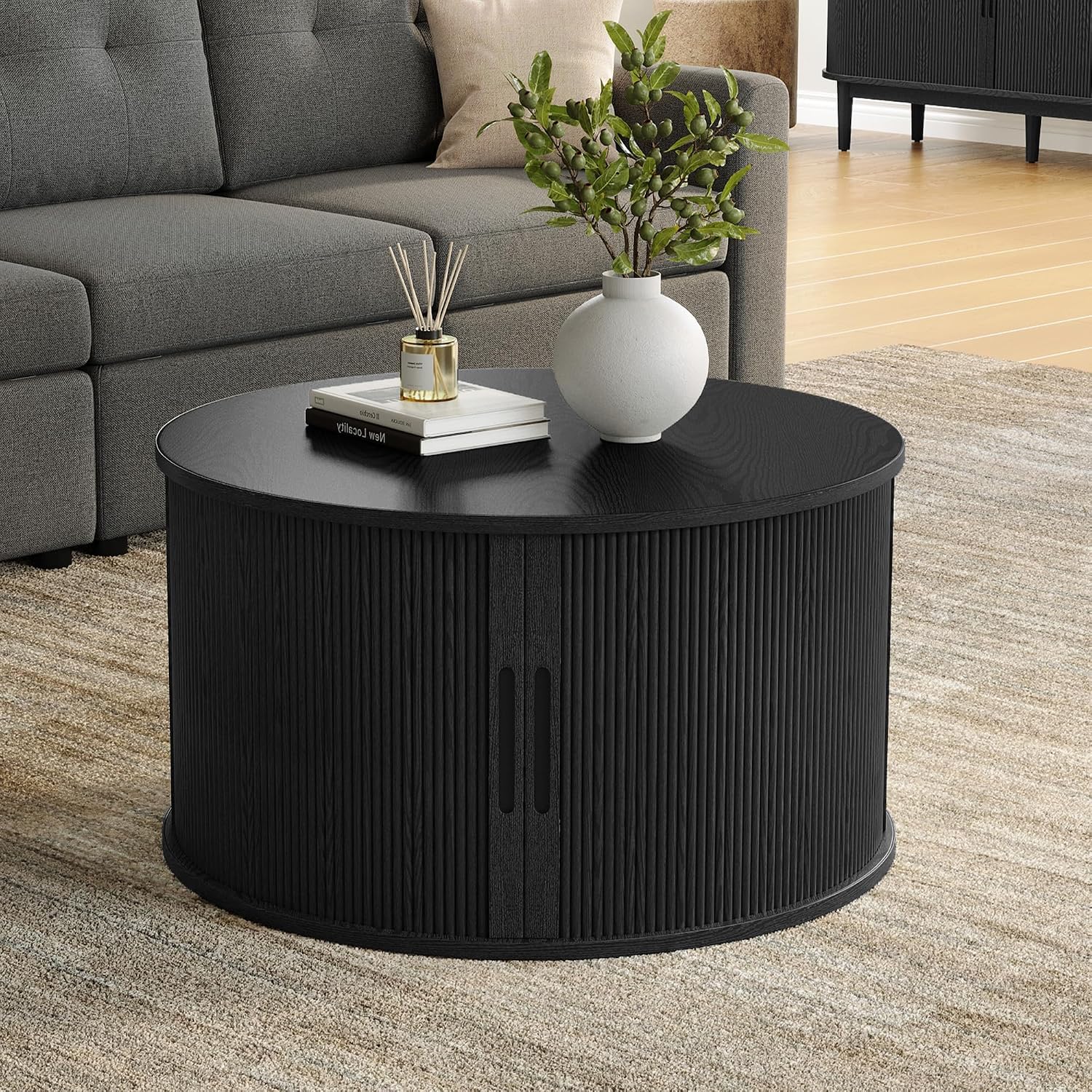 LINSY HOME Round Coffee Table, 31.5' Drum Coffee Table with Sliding Tambour Door, Fluted Accent Center Table with Storage, Mid Century Modern Coffee Table for Living Room (Black)