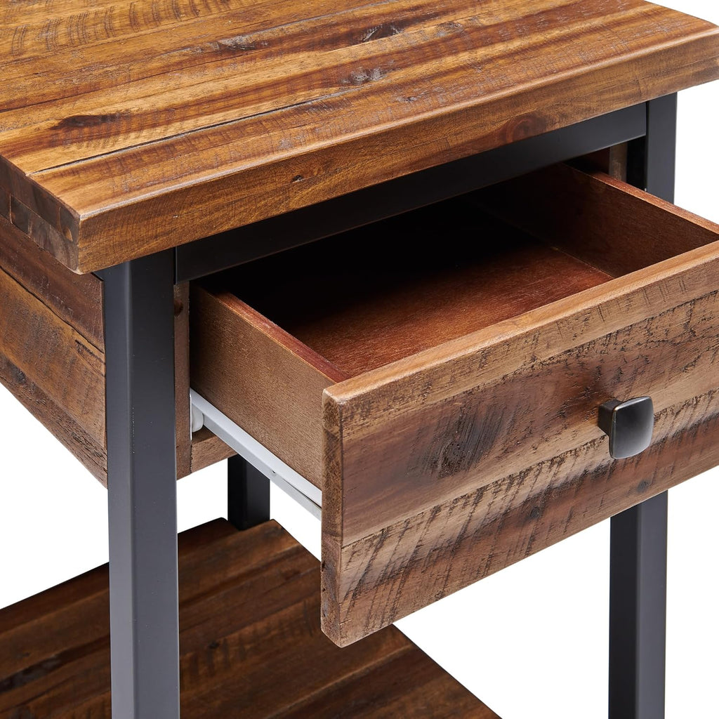 Claremont Rustic Solid Wood End Table with Drawer and Shelf – Farmhouse Accent or Nightstand with Natural Knots, Rough-Hewn Edges for Living Room or Bedroom by Alaterre Furniture (Dark Brown)