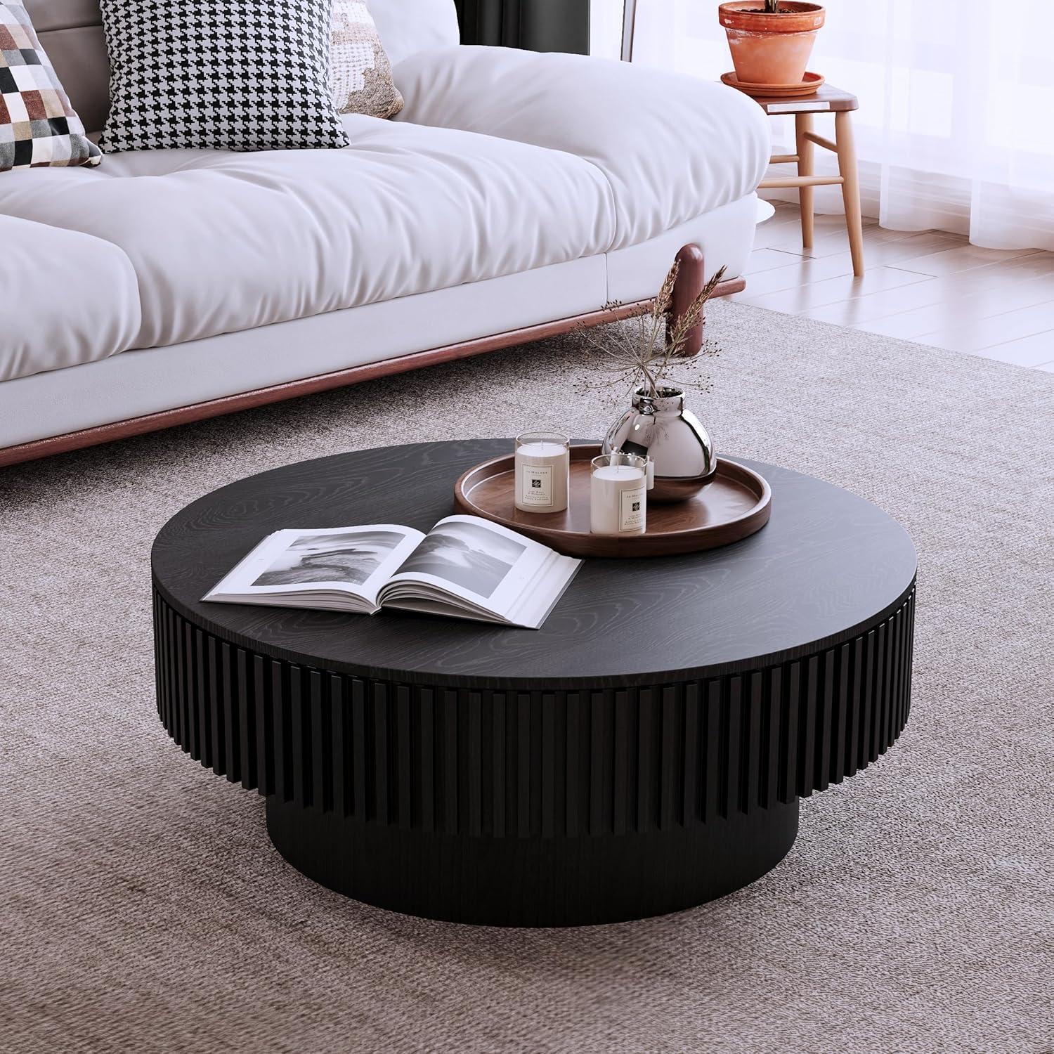 Round Coffee Table with Storage, Modern Handcraft Drum Coffee Table Wood Circle Center Table for Living Room Apartment, 31.49' Black