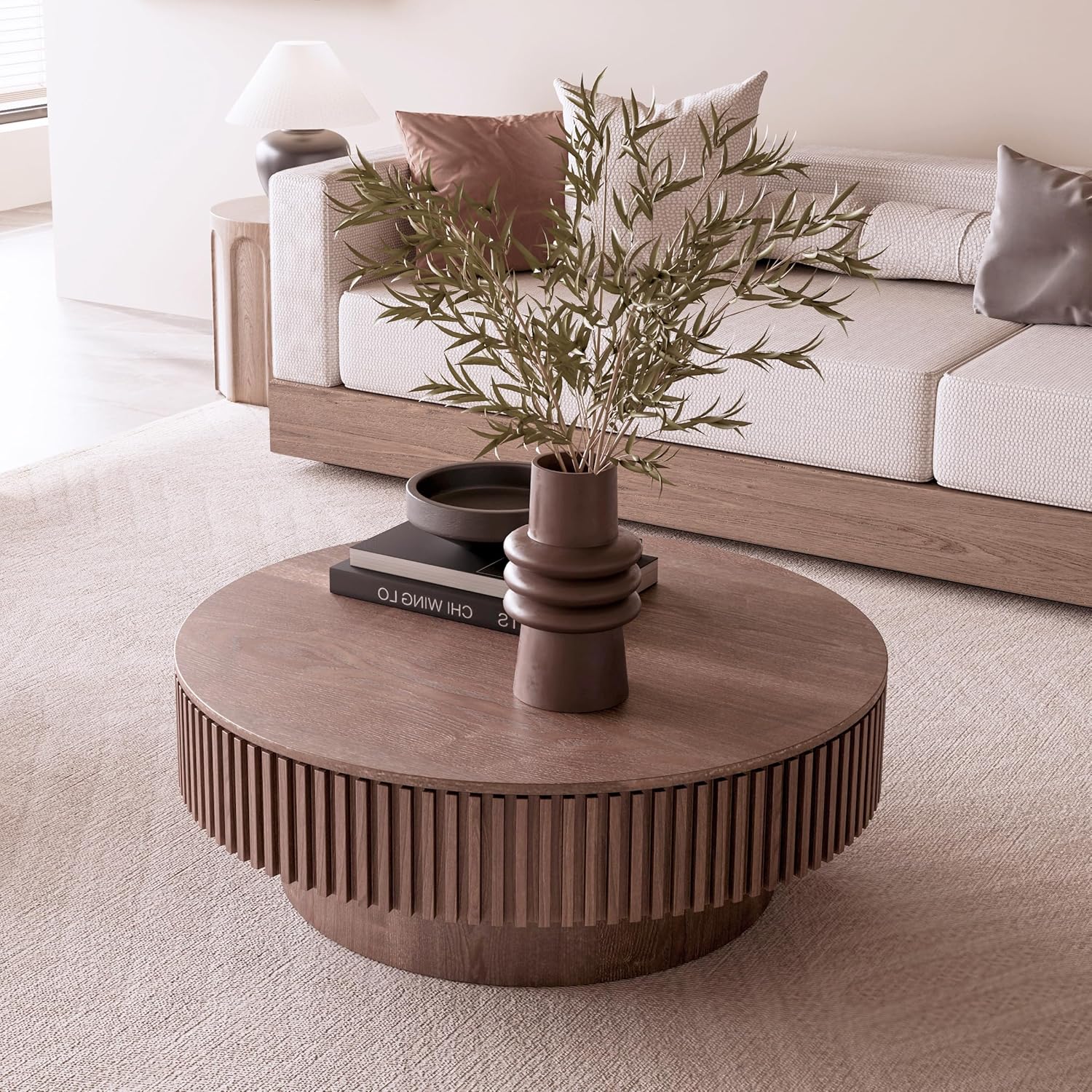 39.37'' Round Coffee Table with Storage, Solid Wood Veneered Modern Drum Coffee Table Accent Tea Table for Living Room, Bedroom, Apartment or Office-Walnut