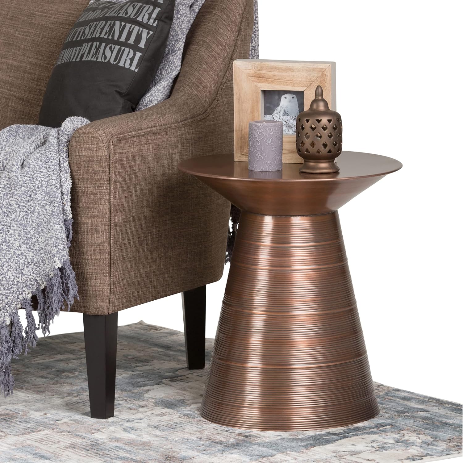 SIMPLIHOME Sheridan Metal Table - 18' Wide x 20' High Solid Metal Round Side Table in Aged Copper, Industrial Accent Table for Living Room, Bedroom, or Office with Sculptural Design, Assembled