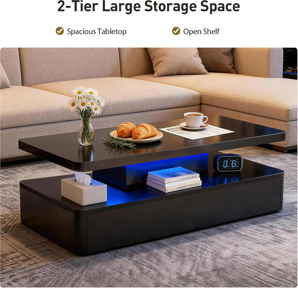 40' Modern Coffee Table with 16 Colors LED Lights, 2 Tier Rectangular Center Table with Large Storage Space, Stylish High Glossy Wooden Tea Tables for Living Room, Bedroom, Home Office, Black