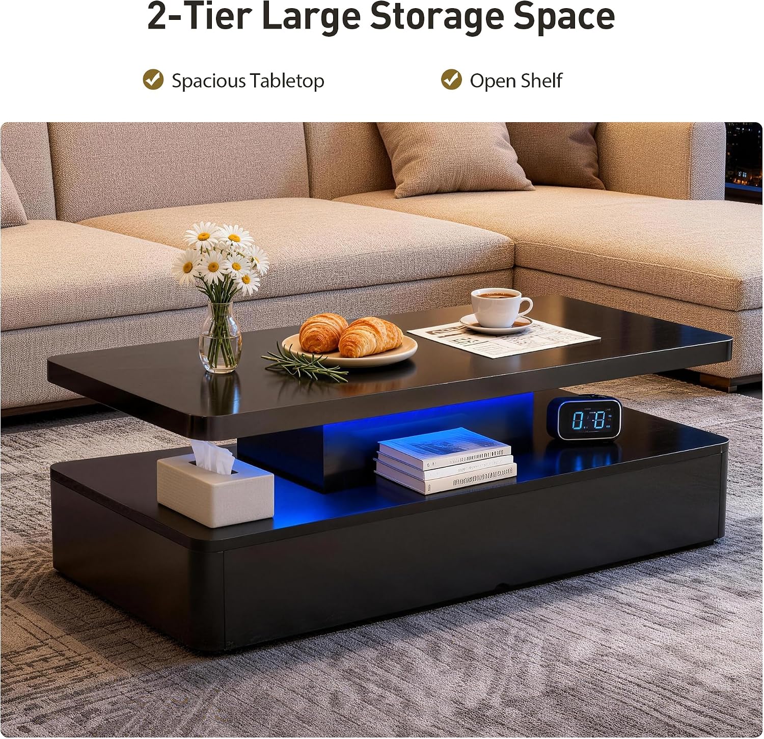 40' Modern Coffee Table with 16 Colors LED Lights, 2 Tier Rectangular Center Table with Large Storage Space, Stylish High Glossy Wooden Tea Tables for Living Room, Bedroom, Home Office, Black
