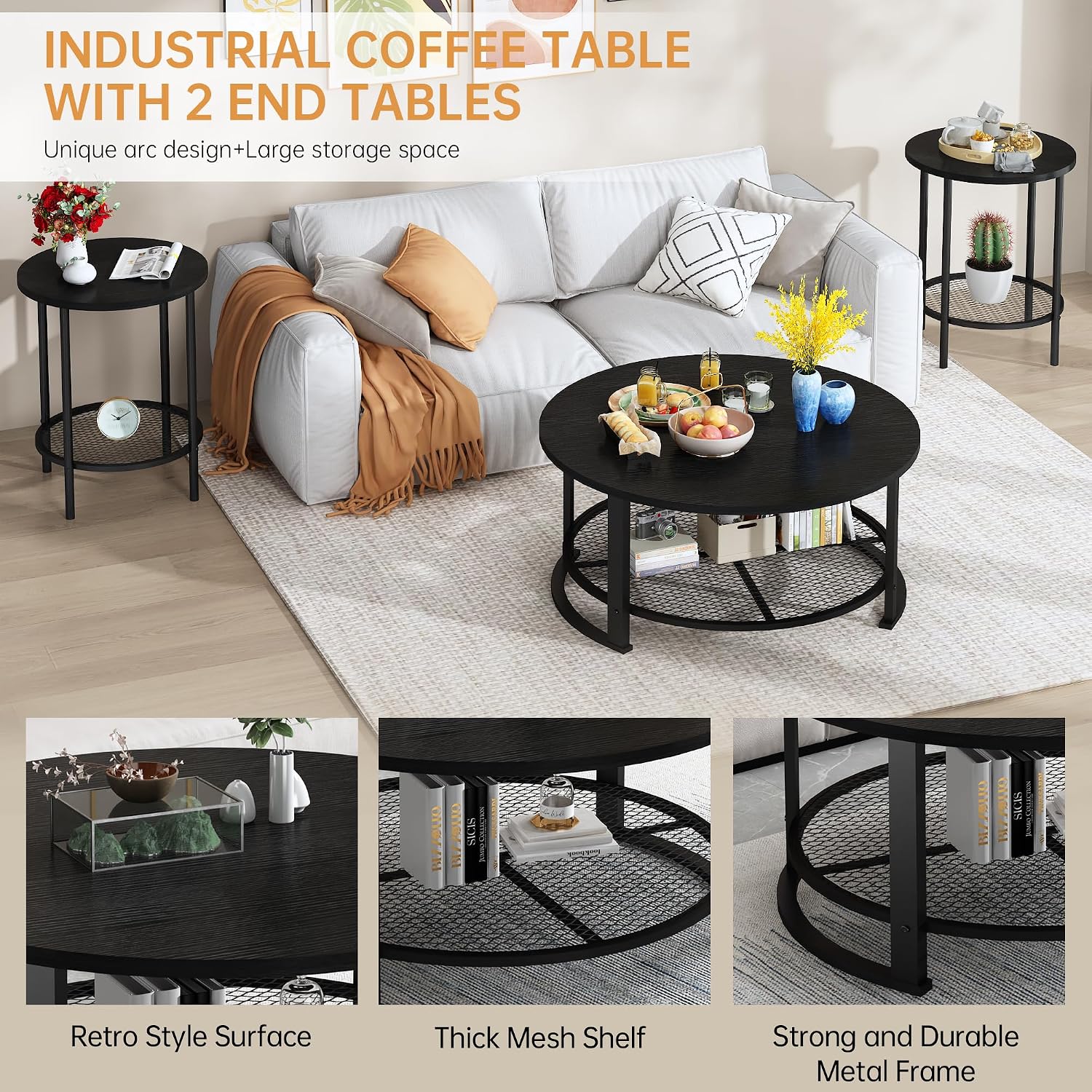 Recaceik Round Coffee Table and End Table Set of 3 with Storage, Modern Vintage Black Coffee Table and Side Table for Living Room, Office, Apartment, Small Space