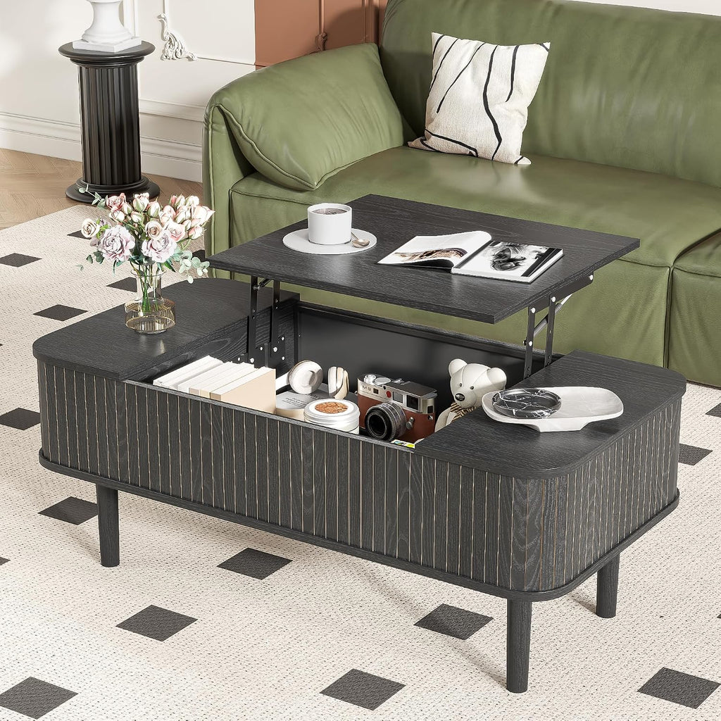 Fluted Lift Top Coffee Table with Storage, Mid Century Modern Coffee Table for Living Room, Home Small Space,39.4' Fluted Center Table (Rectangle-Black, 39.4inch)