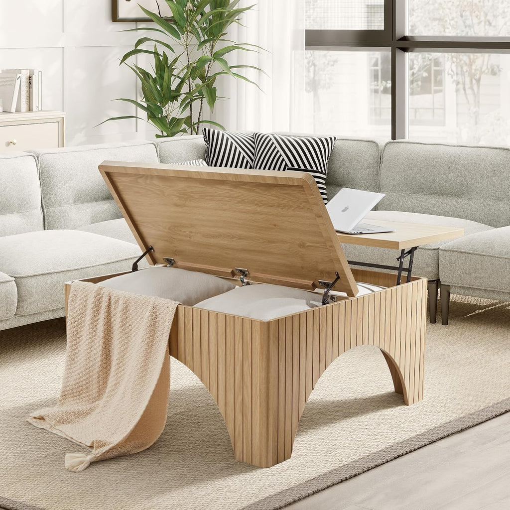 Square Coffee Table, 39'' Large Lift Top Coffee Table with Flip-Top Hidden Compartment Farmhouse Fluted Center Table Wooden Tea Table for Living Room, Apartment, Office (Natural)