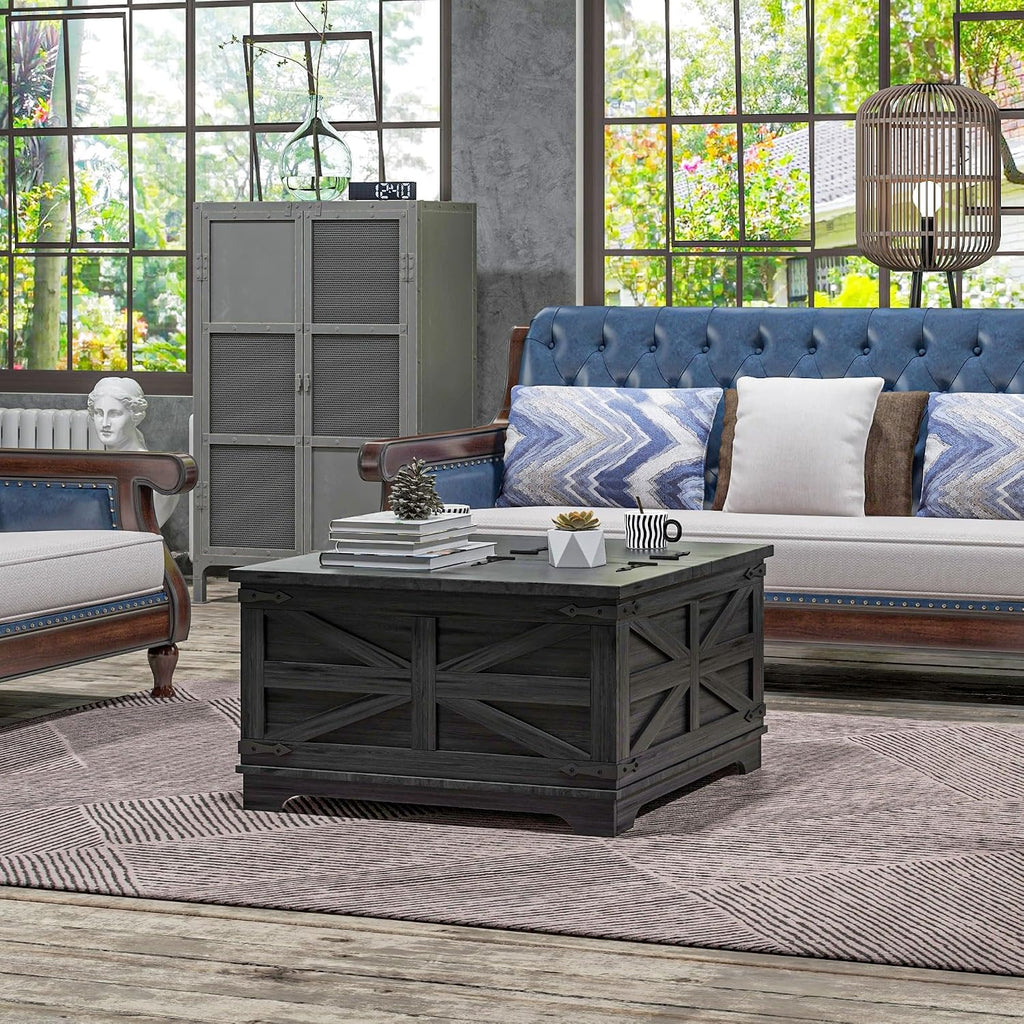 HOMCOM Farmhouse Coffee Table with Storage, Center Table with Hinged Lift Top and Hidden Space, Square Coffee Table for Living Room, Distressed Black