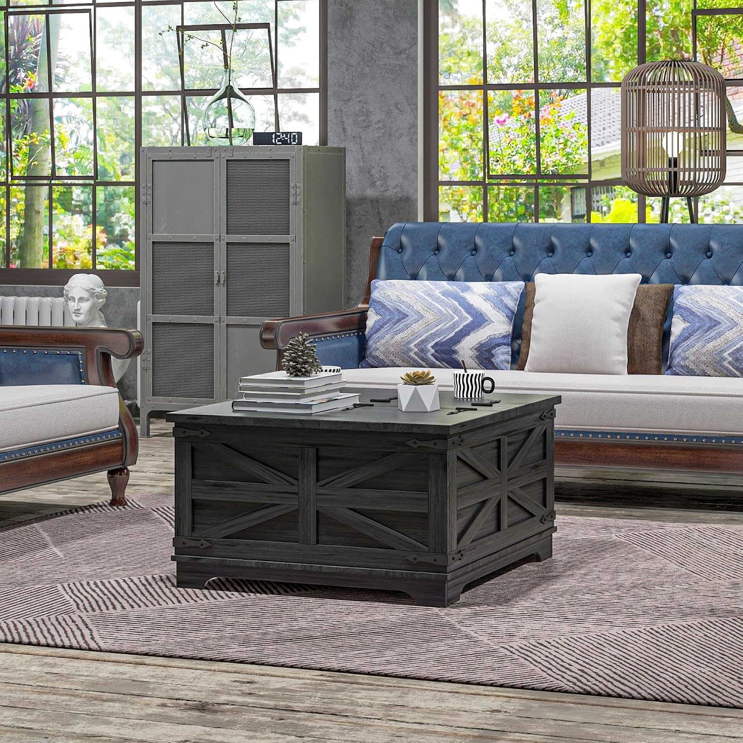 HOMCOM Farmhouse Coffee Table with Storage, Center Table with Hinged Lift Top and Hidden Space, Square Coffee Table for Living Room, Distressed Black