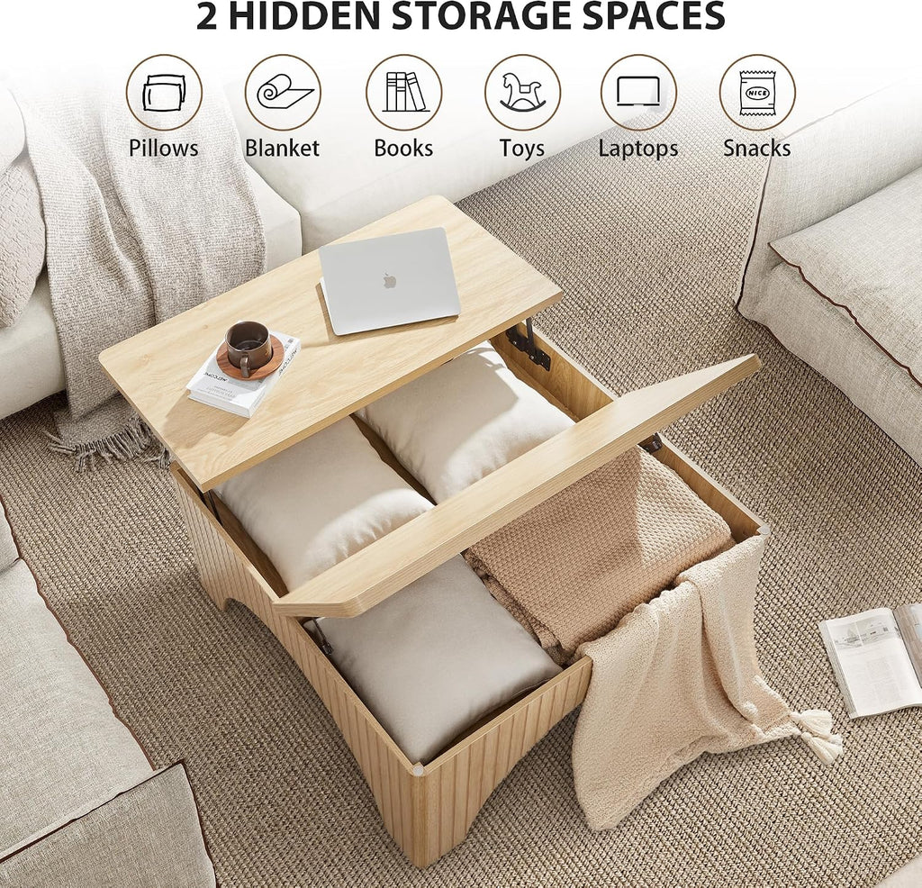 Square Coffee Table, 39'' Large Lift Top Coffee Table with Flip-Top Hidden Compartment Farmhouse Fluted Center Table Wooden Tea Table for Living Room, Apartment, Office (Natural)