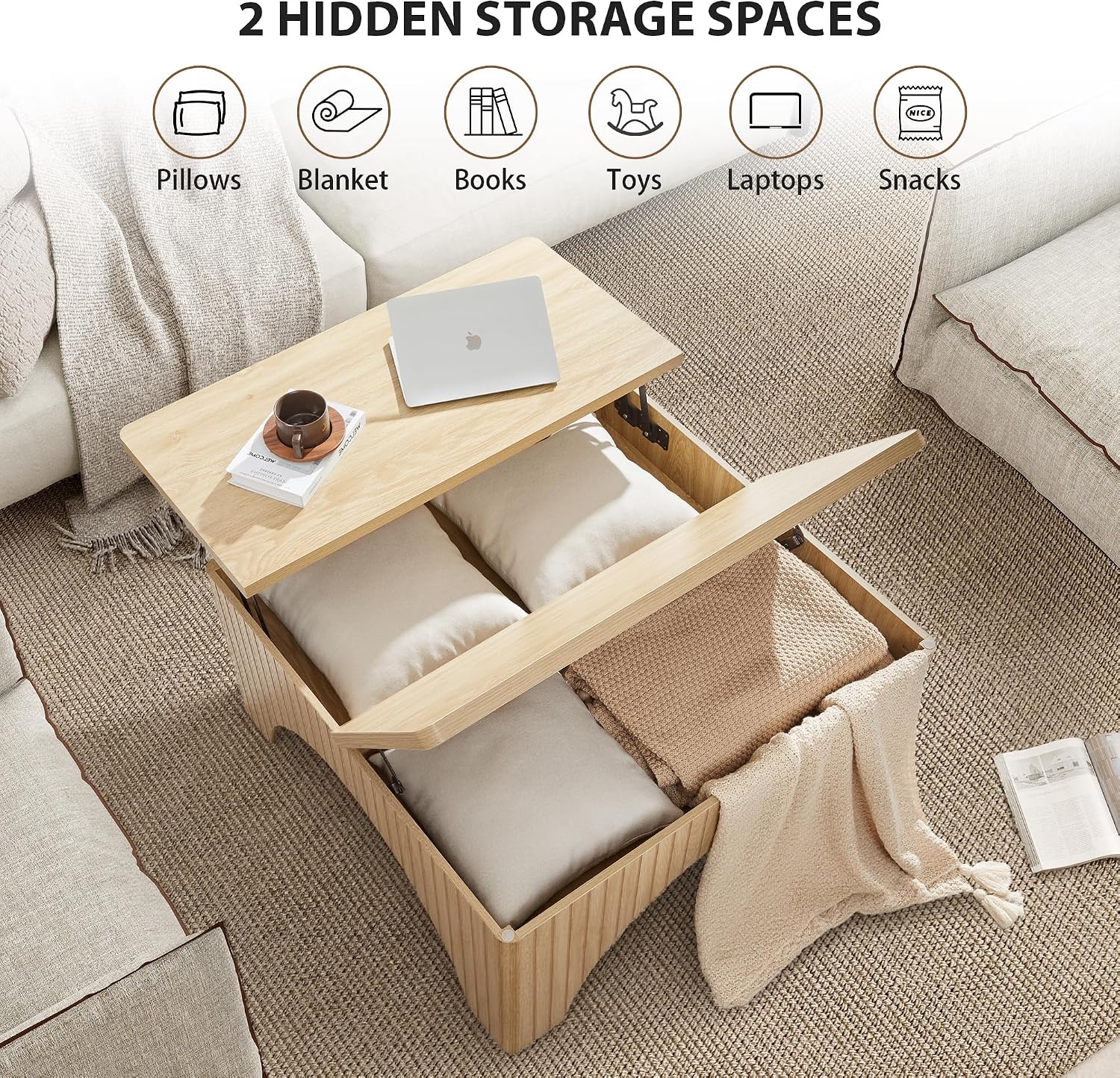 Square Coffee Table, 39'' Large Lift Top Coffee Table with Flip-Top Hidden Compartment Farmhouse Fluted Center Table Wooden Tea Table for Living Room, Apartment, Office (Natural)