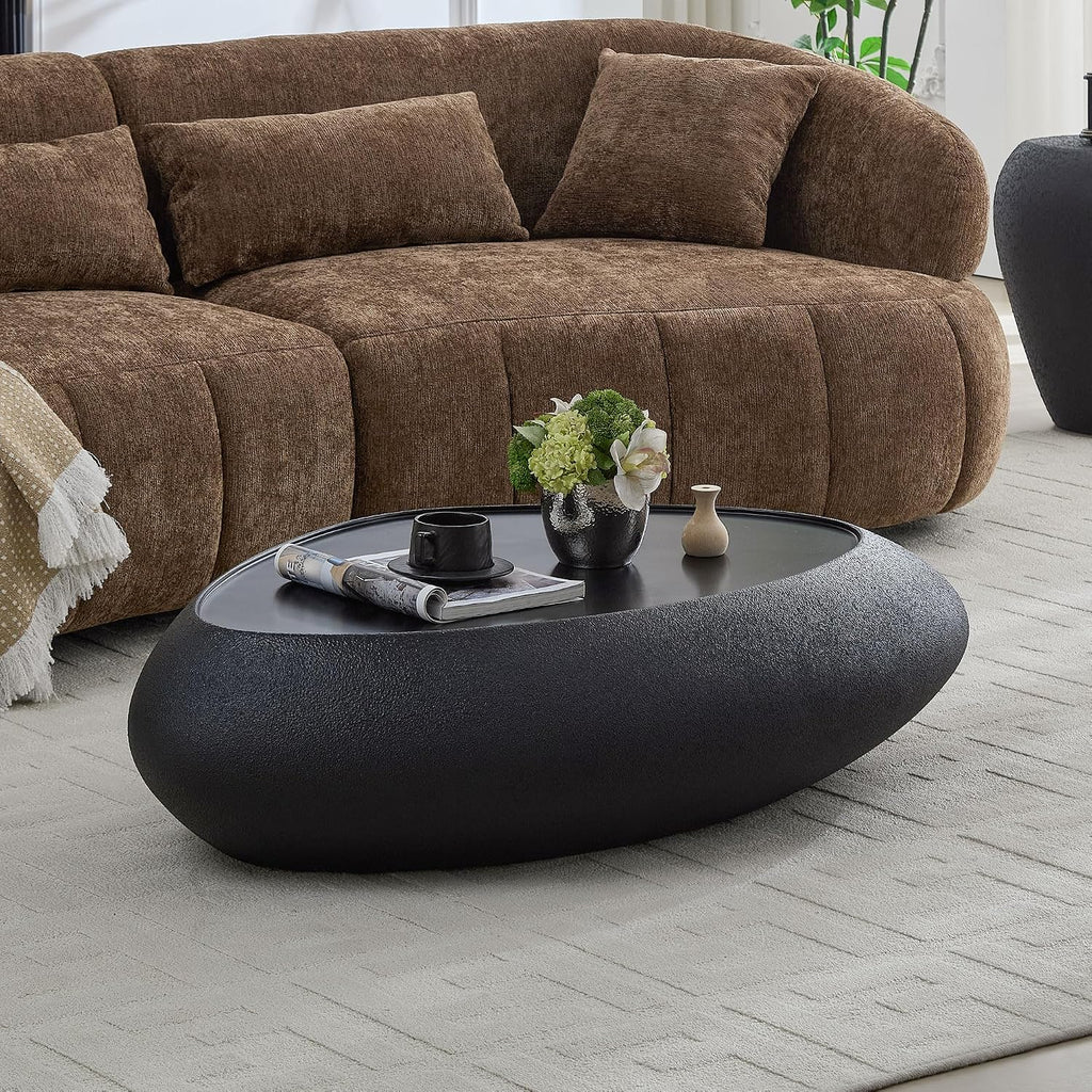 Oval Coffee Table for Living Room, Faux Stone Center Table, Accent Irregular Tea Table for Office Apartment, No Need Assembly, Black