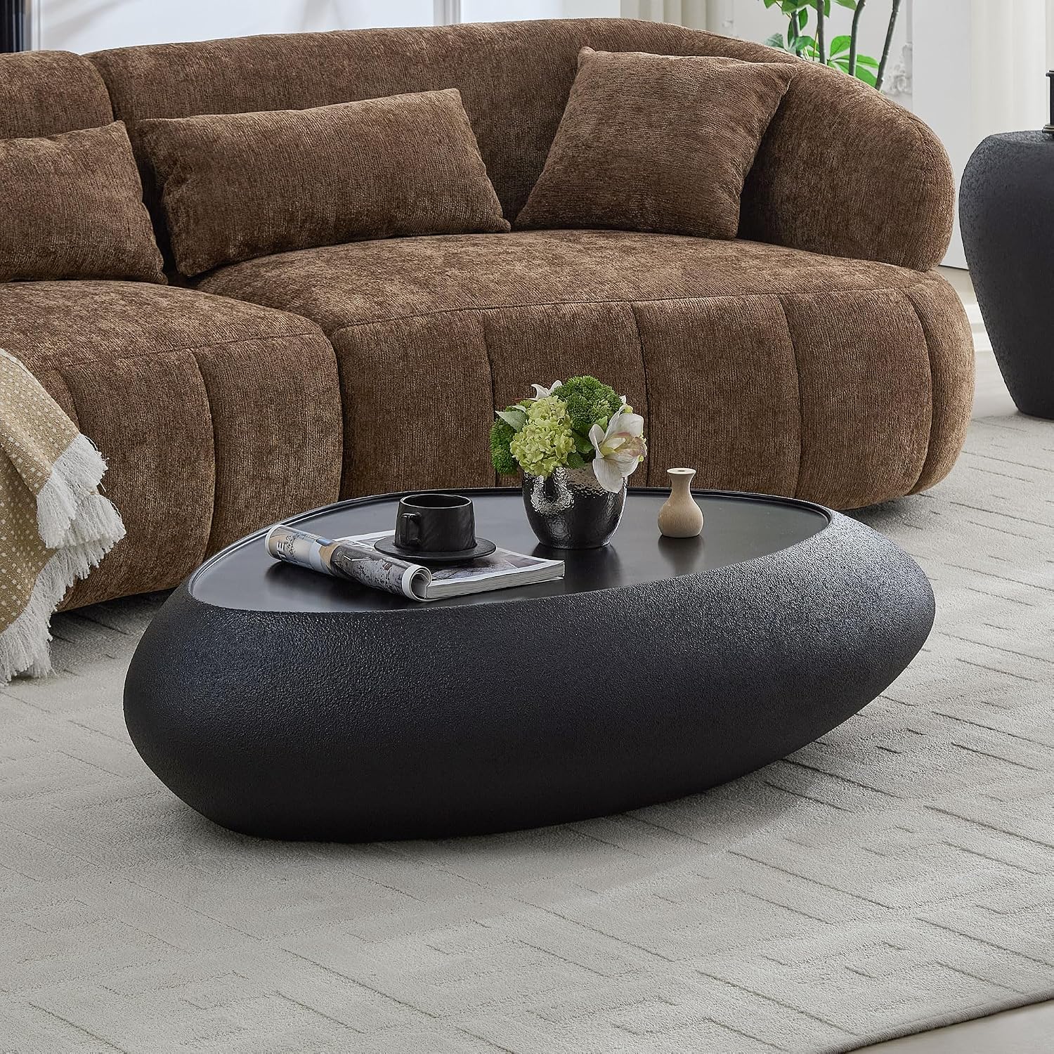 Oval Coffee Table for Living Room, Faux Stone Center Table, Accent Irregular Tea Table for Office Apartment, No Need Assembly, Black