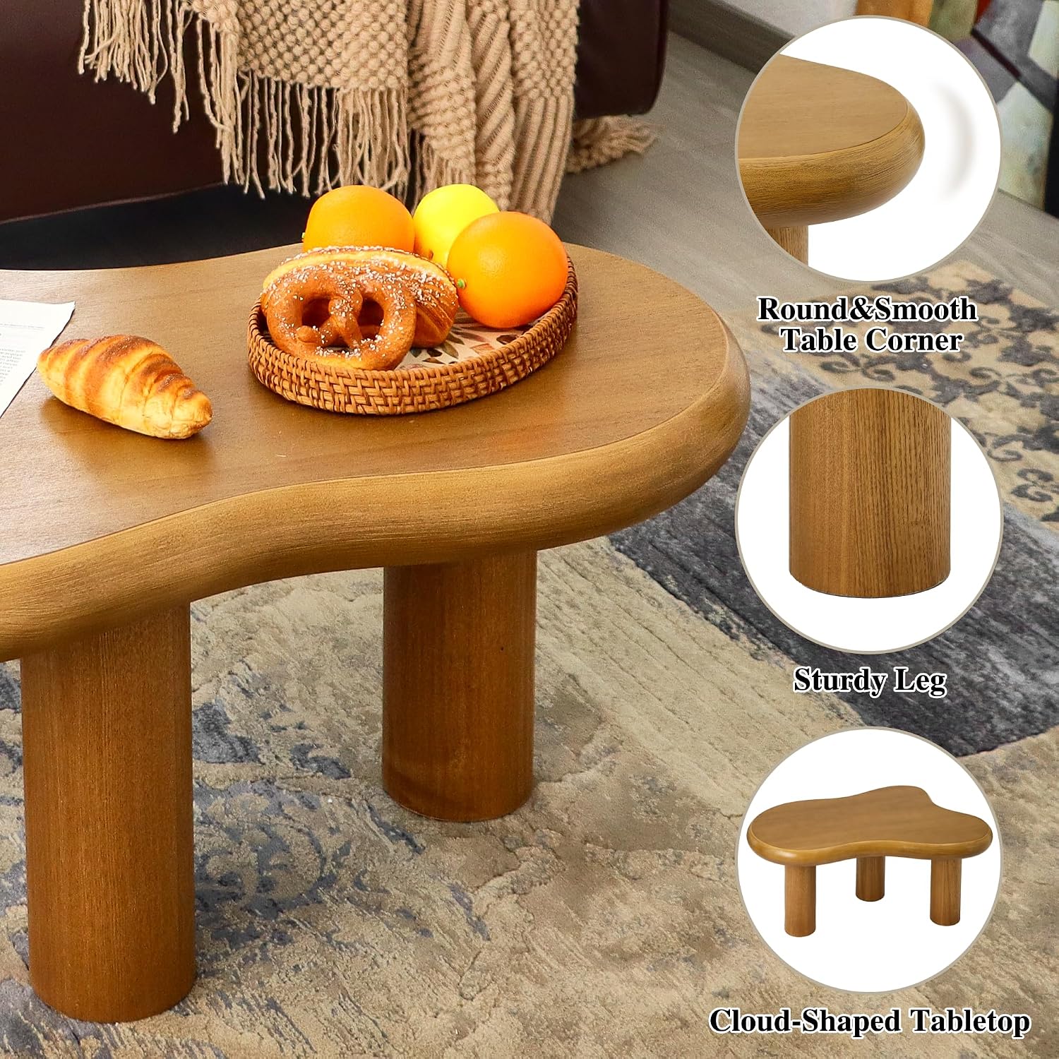 34'(L) Cloud Coffee Table, Modern Wood Coffee Table for Living Room, Accent Center Tables with 3 Legs, Small Tea Tables for Balcony, Patio, Bedroom, Wood