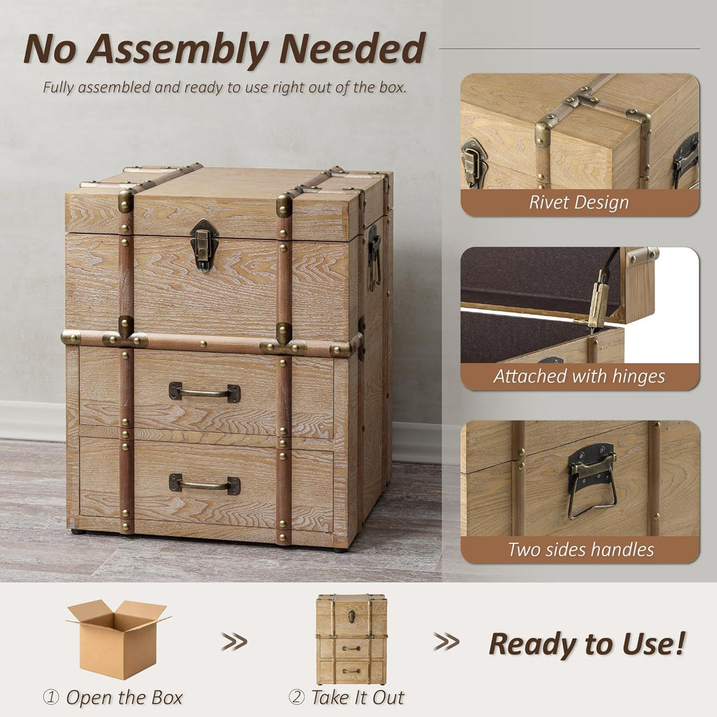 Aoikax Vintage Storage Chest with Buckle Hinged Top, Wood Accent End Side Table for Living Room, Office, Bedroom, Rectangle, Retro Brown