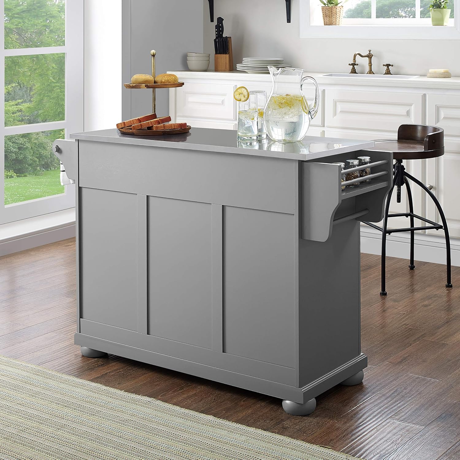 Crosley Furniture Alexandria Stainless Steel Top Rolling Kitchen Island Storage Cart, Microwave Stand, Gray