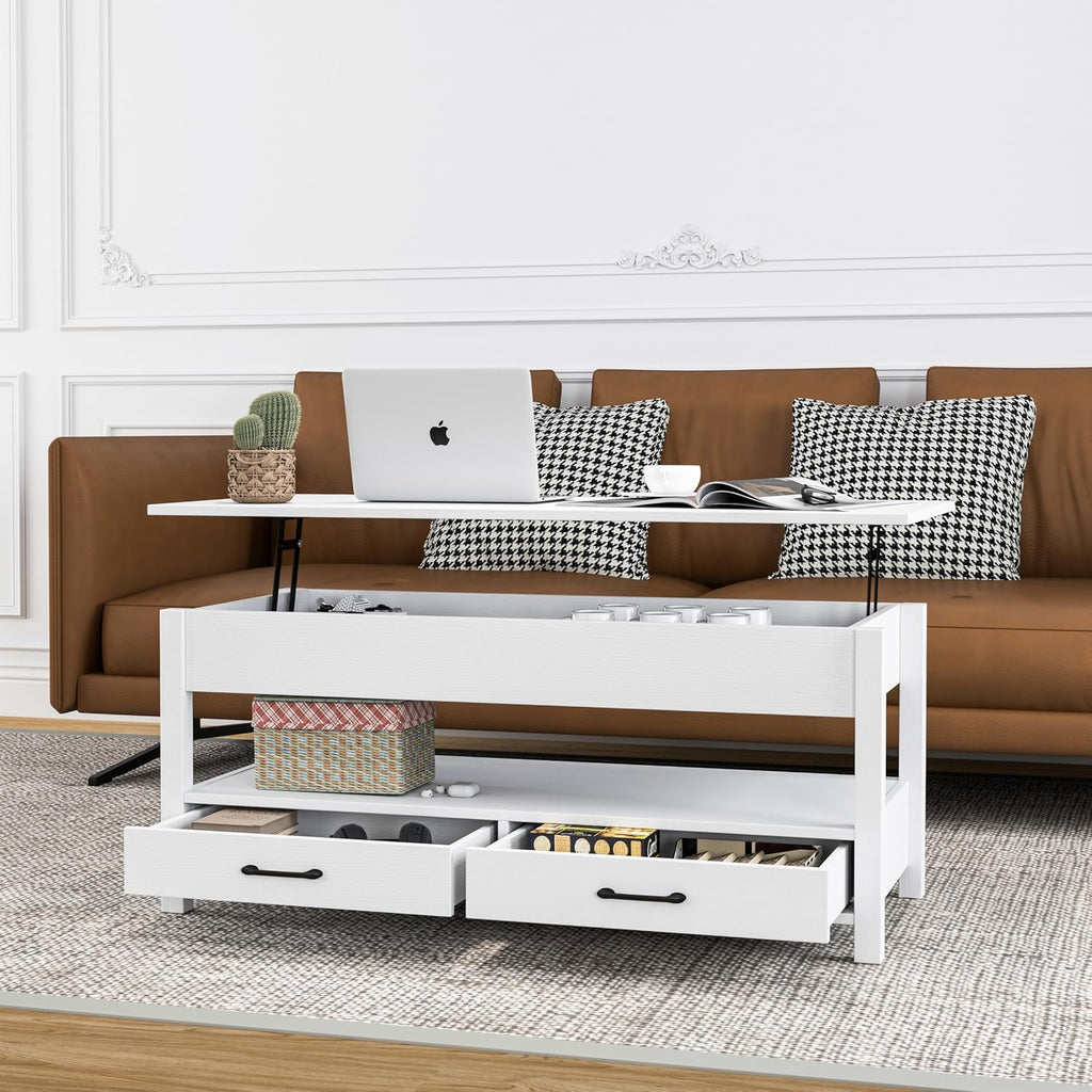 Panana Coffee Table, Lift Top Coffee Table with Hidden Compartment, 2 Drawers and 1 Open Shelf, Retro Central Wooden Table Lift Tabletop for Living Room (White)