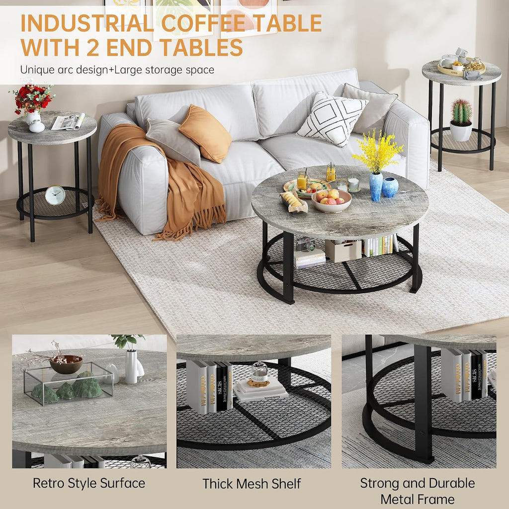 Recaceik Round Coffee Table and End Table Set of 3 with Storage, Modern Vintage Grey Coffee Table and Side Table for Living Room, Office, Apartment, Small Space