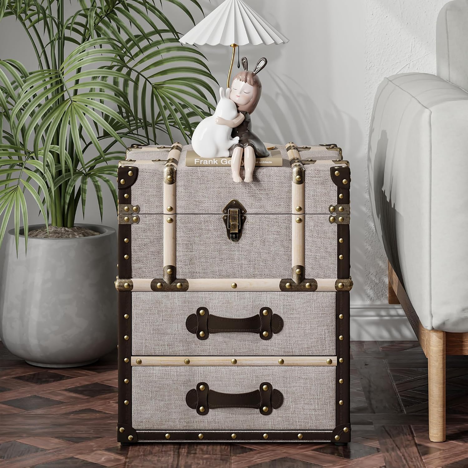Aoikax Vintage Storage Chest with Buckle Hinged Top, Linen Accent End Side Table for Living Room, Office, Bedroom, Rectangle, Beige