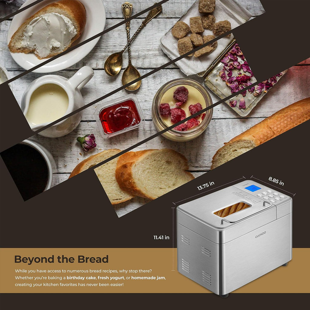 CUCKOO CBM-AAB101S | Multi-Functional Bread Maker | 1 lb, 1.5 lb, & 2 lb. Loaf Options, Crust Color Customization, Auto Fruit & Nut Dispenser, Gluten-Free Option | Stainless Steel (Renewed)