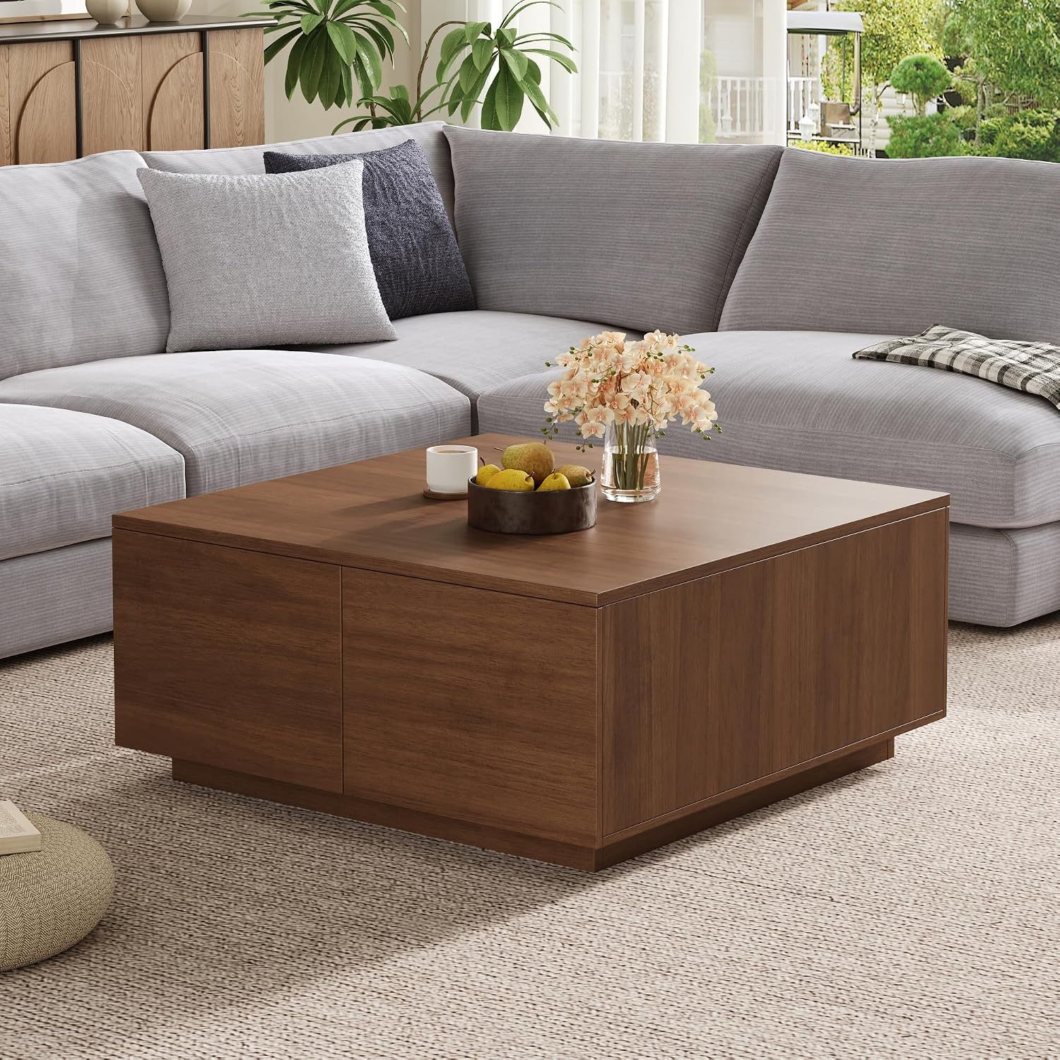 Merax Modern Wood Square Coffee Table with 4 Hidden Storage Drawers, 33.25' Minimalist Center Tables for Living Room, Easy Assembly, Walnut