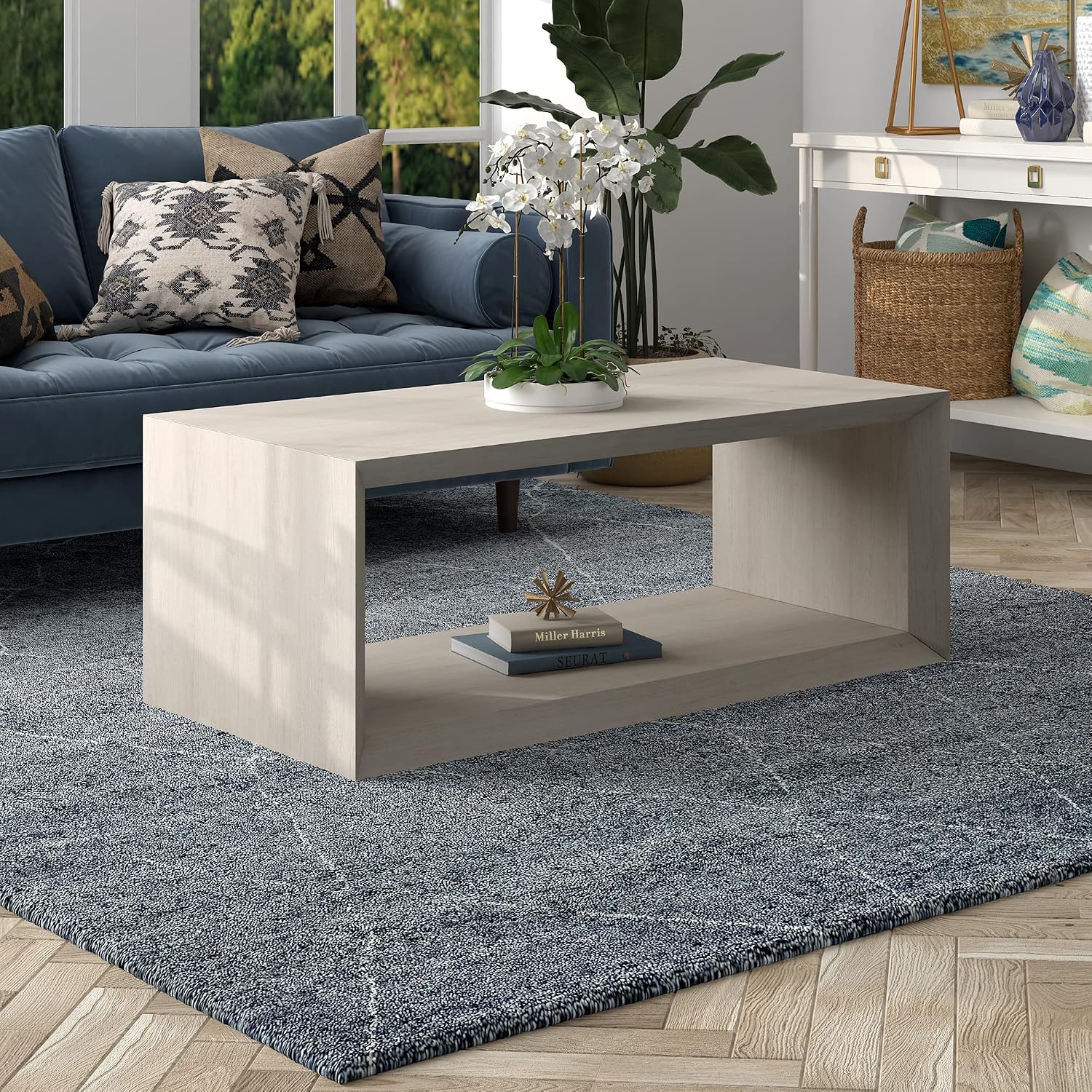Henn&Hart 48' Rectangular Wood Coffee Table with Open Storage Shelf for Living Room, Family Room, or Office, Beech White