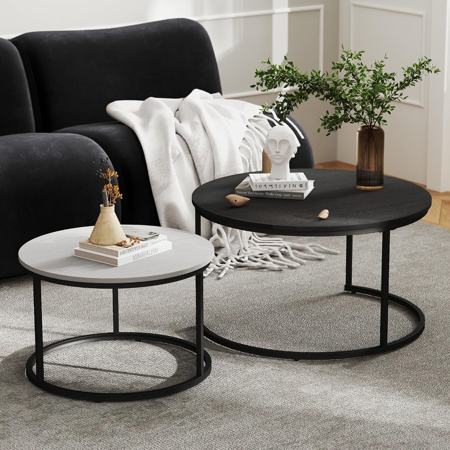 Otterease Nesting Tables Set of 2, 31.5' Round Coffee Table, Small Nesting Coffee Table with Adjustable Non-Slip Fee, Wood Grain Top Nesting Tables for Living Room, Bedroom (Wood Grain Black&White)