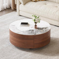 Merax 29.5' Round Coffee Table for Living Room, Movable Accent Table with Casters and 2 Storage Drawers, Marble Pattern Sintered Stone Top, Walnut