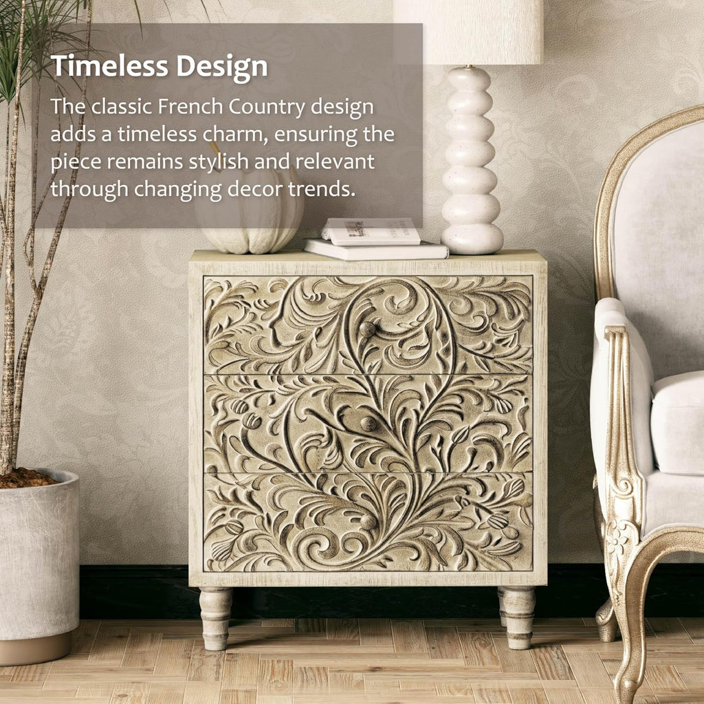 3 Drawer Farmhouse Dresser with Embossed Weathered Flower Motif, Vintage Nightstand for Bedroom, Almost Fully-Assembled, Boho, Weathered White