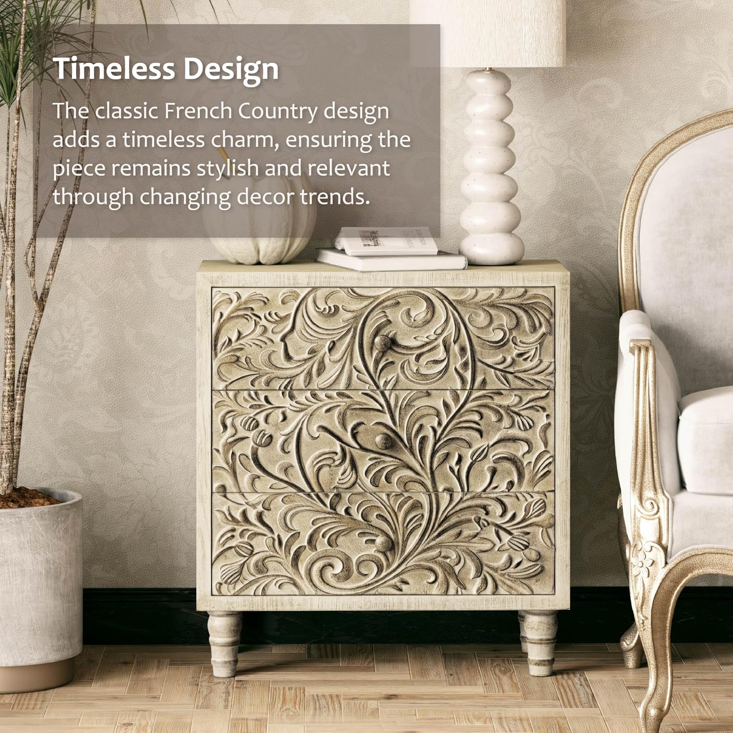 3 Drawer Farmhouse Dresser with Embossed Weathered Flower Motif, Vintage Nightstand for Bedroom, Almost Fully-Assembled, Boho, Weathered White