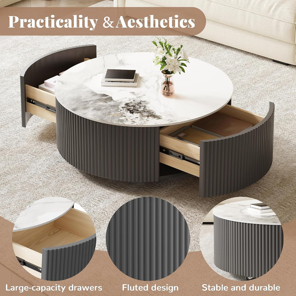 Merax 29.5' Round Fluted Coffee Table for Living Room, Movable Accent Table with Casters and 2 Storage Drawers, Marble Pattern Sintered Stone Top, Black and White