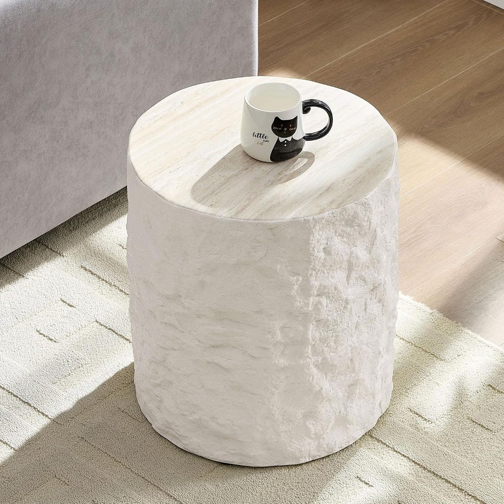 Round Side Table Small Coffee Table for Living Room Circle End Table for Bedroom Apartment, No Need Assembly (Fiberglass 15.75'' Cement Stone Pattern)