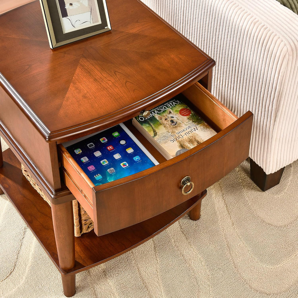 Wood Side End Table with Tray Extension and Storage Drawers, Sofa Side Table with Round Legs,No-Tools Assembly, Telephone Table for Living Room, Office, 17.7'L x 19.7'W x 22.8'H Beeswax CJZ-A1569-MG