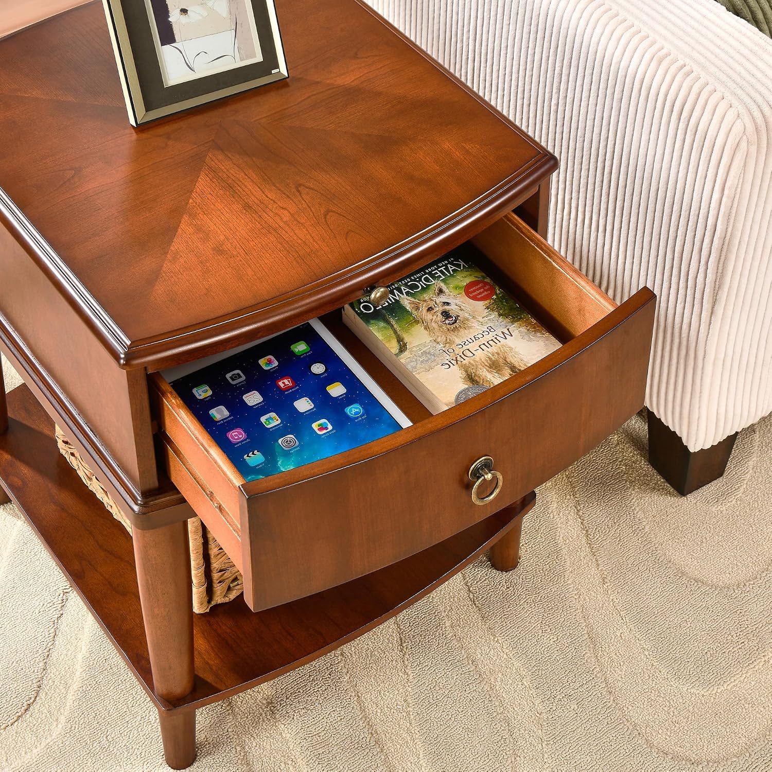 Wood Side End Table with Tray Extension and Storage Drawers, Sofa Side Table with Round Legs,No-Tools Assembly, Telephone Table for Living Room, Office, 17.7'L x 19.7'W x 22.8'H Beeswax CJZ-A1569-MG