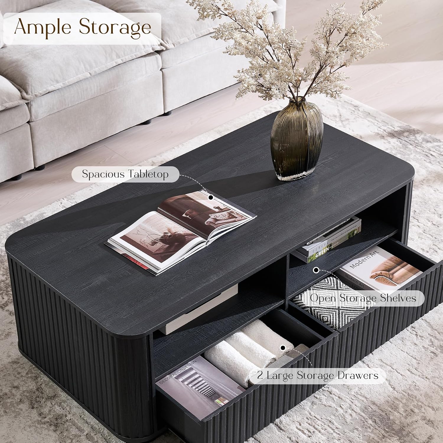 ACCOHOHO 51' Fluted Coffee Table with Storage, Large Modern Center Table with 2 Drawers, Rectangle Wood Coffee Table for Living Room, Black Oak
