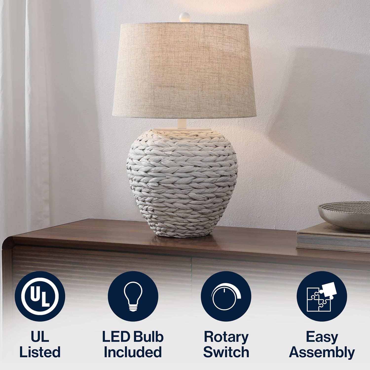 JONATHAN Y 24.5' White Water Hyacinth Farmhouse Basket Table Lamp, Coastal Decor for Living Room Bedroom Nightstand, Light Gray Linen Shade, LED Bulb Included (JYL6501C)