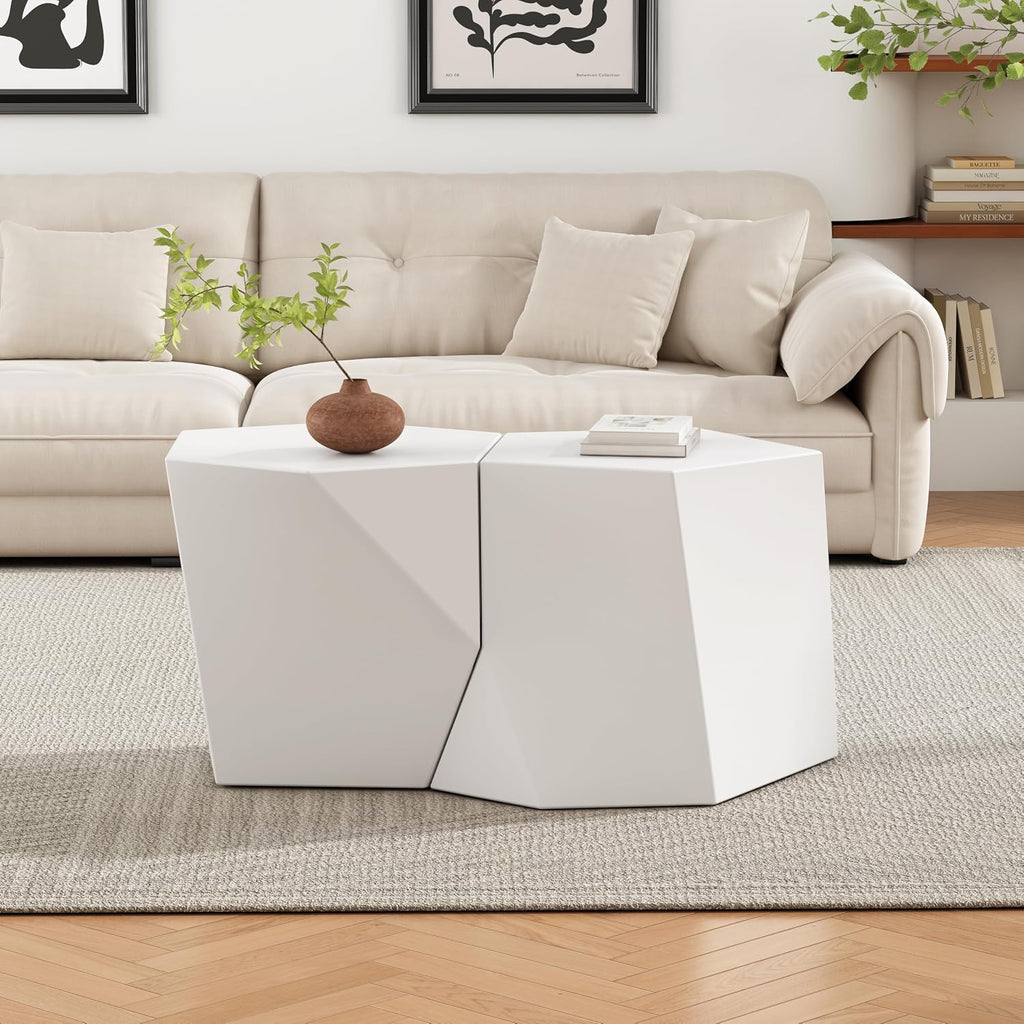 WILLIAMSPACE 30.25' White Nesting Coffee Table Set of 2, Modern Irregular Center Tables for Living Room, Magnesium Oxide Accent Side Table for Indoor & Outdoor, No Need Assembly (White)