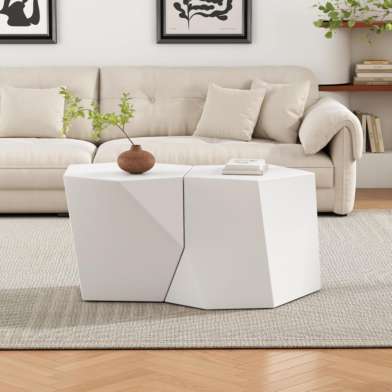 WILLIAMSPACE 30.25' White Nesting Coffee Table Set of 2, Modern Irregular Center Tables for Living Room, Magnesium Oxide Accent Side Table for Indoor & Outdoor, No Need Assembly (White)