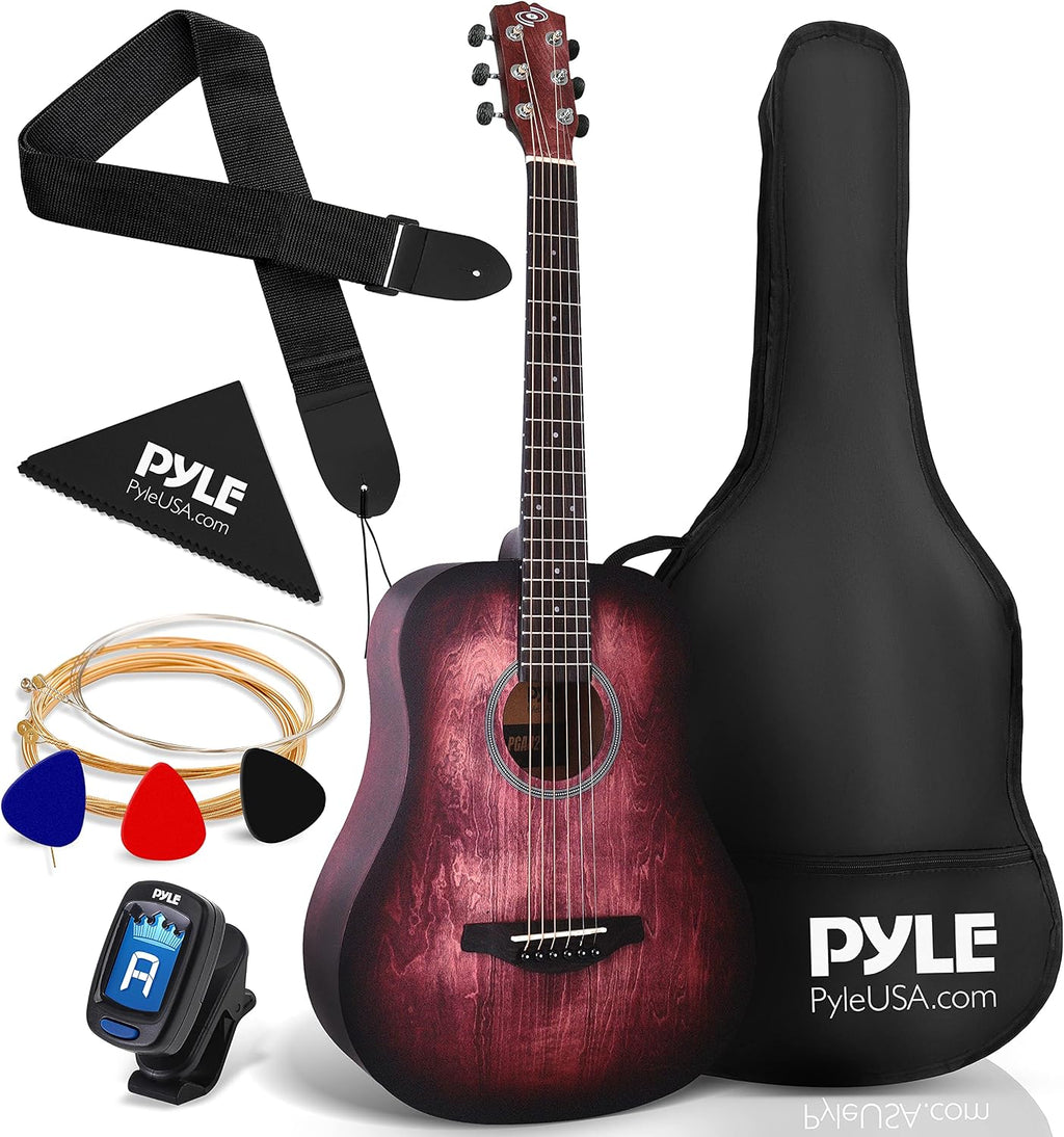 Pyle Acoustic Guitar Kit, 1/2 Junior Size All Wood Steel String Instrument for Beginner Kids, Adults, 34' Crimson Burst Matte