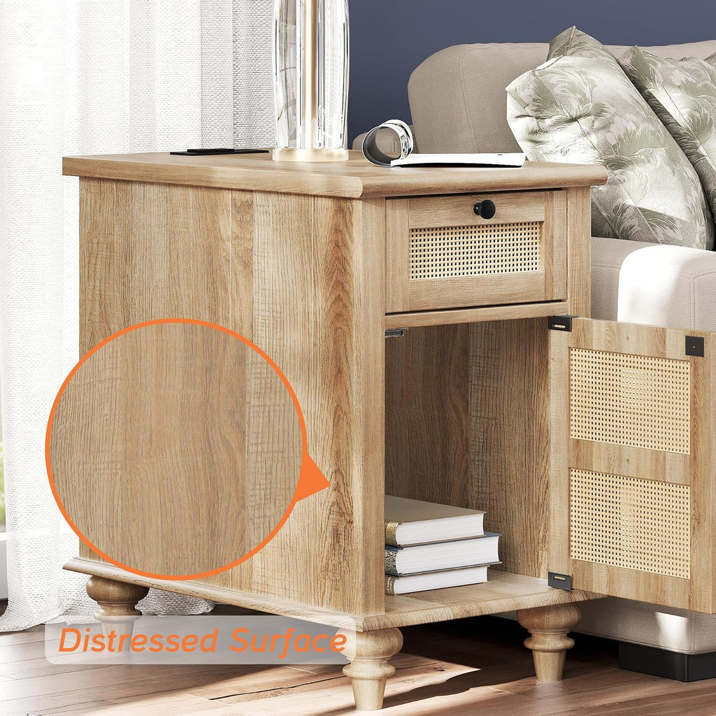 WAMPAT 2 Pack End Table with Charging Station, Wood Side Sofa Table with Drawer and Storage Cabinet, Rattan Weaving Nightstand with Power Outlets & USB Ports for Living Room, Bedroom, Oak