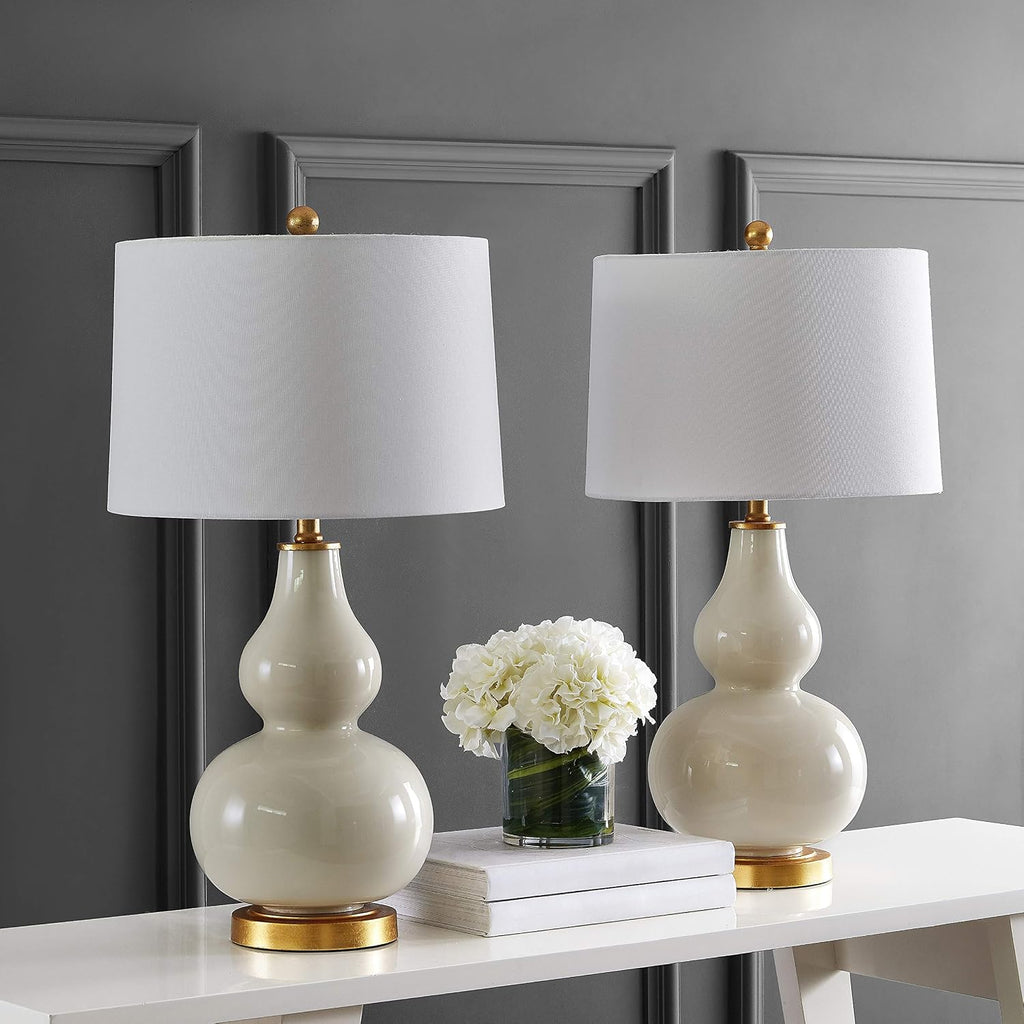 SAFAVIEH Lighting Collection – Karlen Set of 2 Cream & Gold Leaf Double Gourd Glass Table Lamps, Modern Contemporary Design, LED Bulbs Included (TBL4223A-SET2)