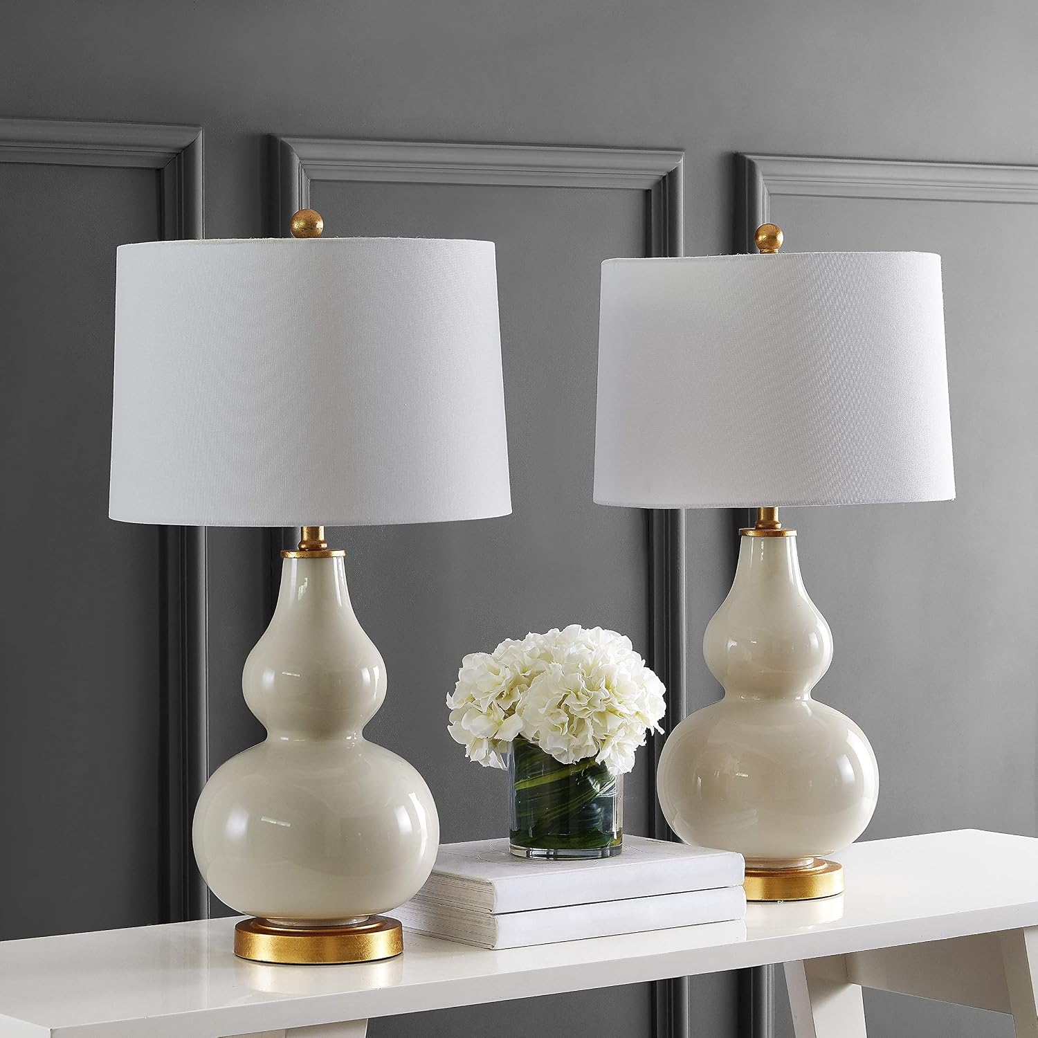 SAFAVIEH Lighting Collection – Karlen Set of 2 Cream & Gold Leaf Double Gourd Glass Table Lamps, Modern Contemporary Design, LED Bulbs Included (TBL4223A-SET2)