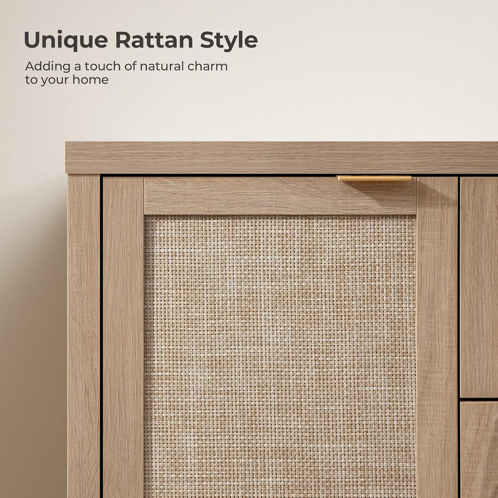 SICOTAS Rattan Large Sideboard Buffet Cabinet with Storage - Boho Coffee Bar Storage Cabinet with 3 Drawers and 2 Doors, Console Table Credenza for Living Room, Kitchen, Hallway, Light Oak (2 Pieces)