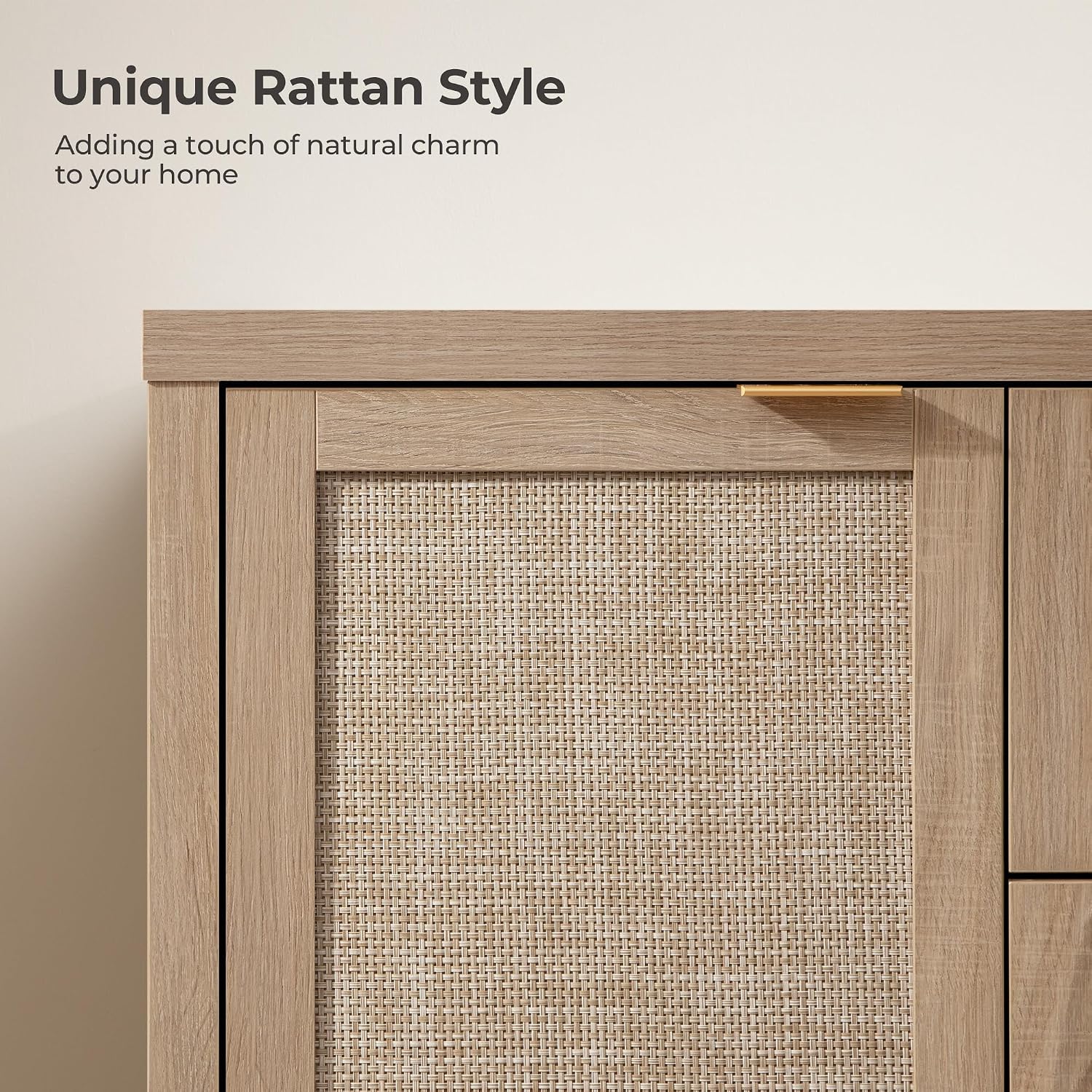 SICOTAS Rattan Large Sideboard Buffet Cabinet with Storage - Boho Coffee Bar Storage Cabinet with 3 Drawers and 2 Doors, Console Table Credenza for Living Room, Kitchen, Hallway, Light Oak (2 Pieces)