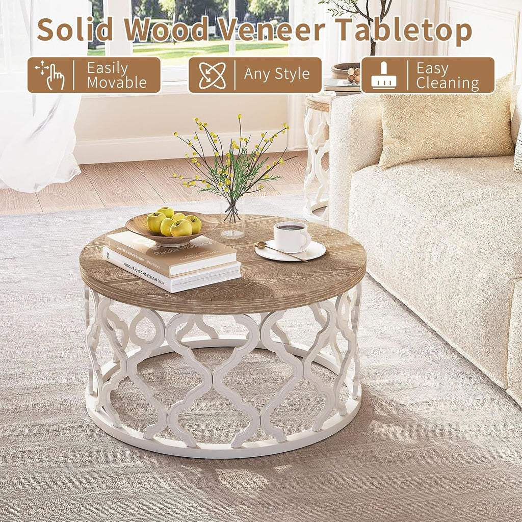 Farmhouse Coffee Table, French Country Round Coffee Table, Coastal Coffee Table with Distressed Top, Boho Center Table with Curved Motif Frame Base for Living Room, Dining Room, Bedroom, Cream Beige
