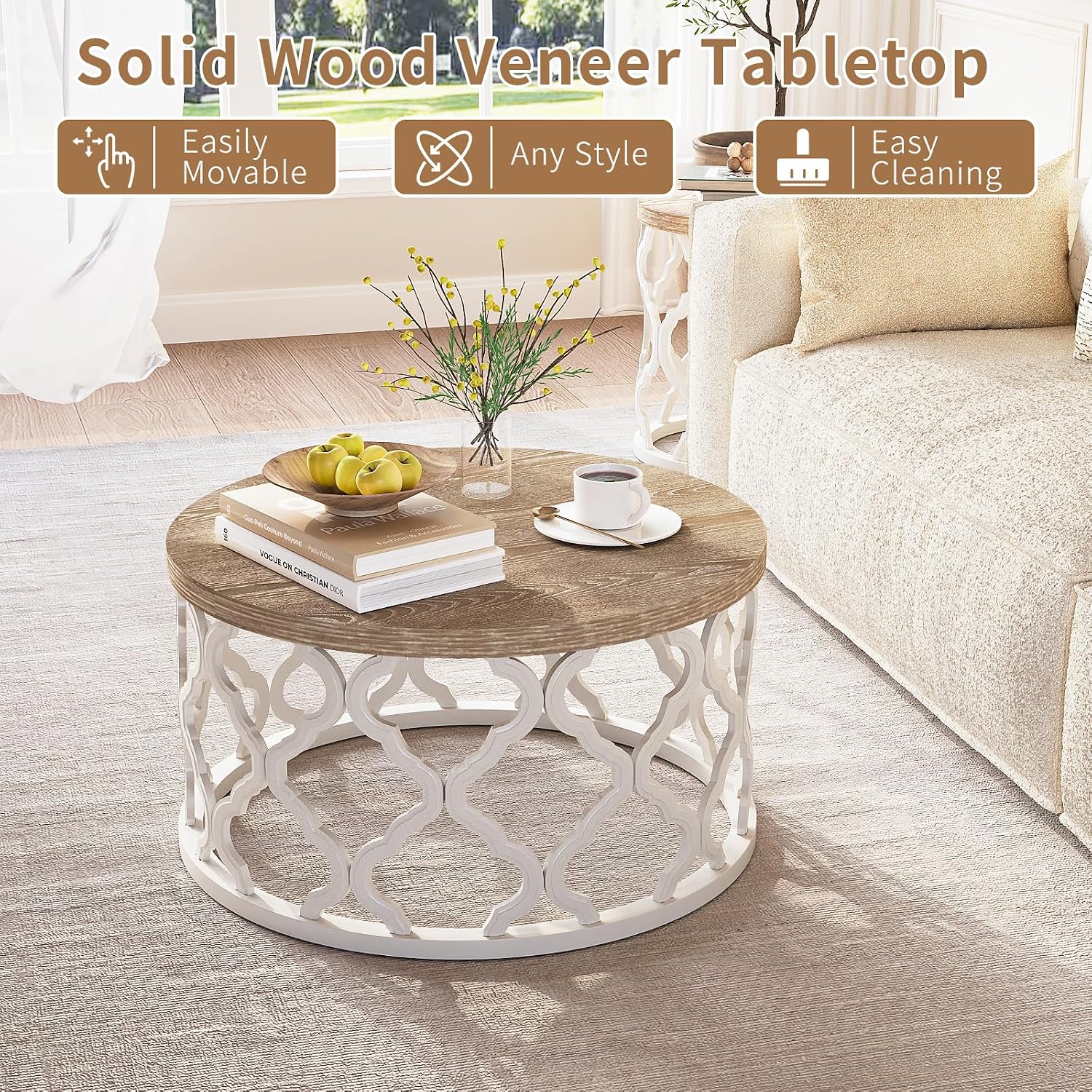 Farmhouse Coffee Table, French Country Round Coffee Table, Coastal Coffee Table with Distressed Top, Boho Center Table with Curved Motif Frame Base for Living Room, Dining Room, Bedroom, Cream Beige