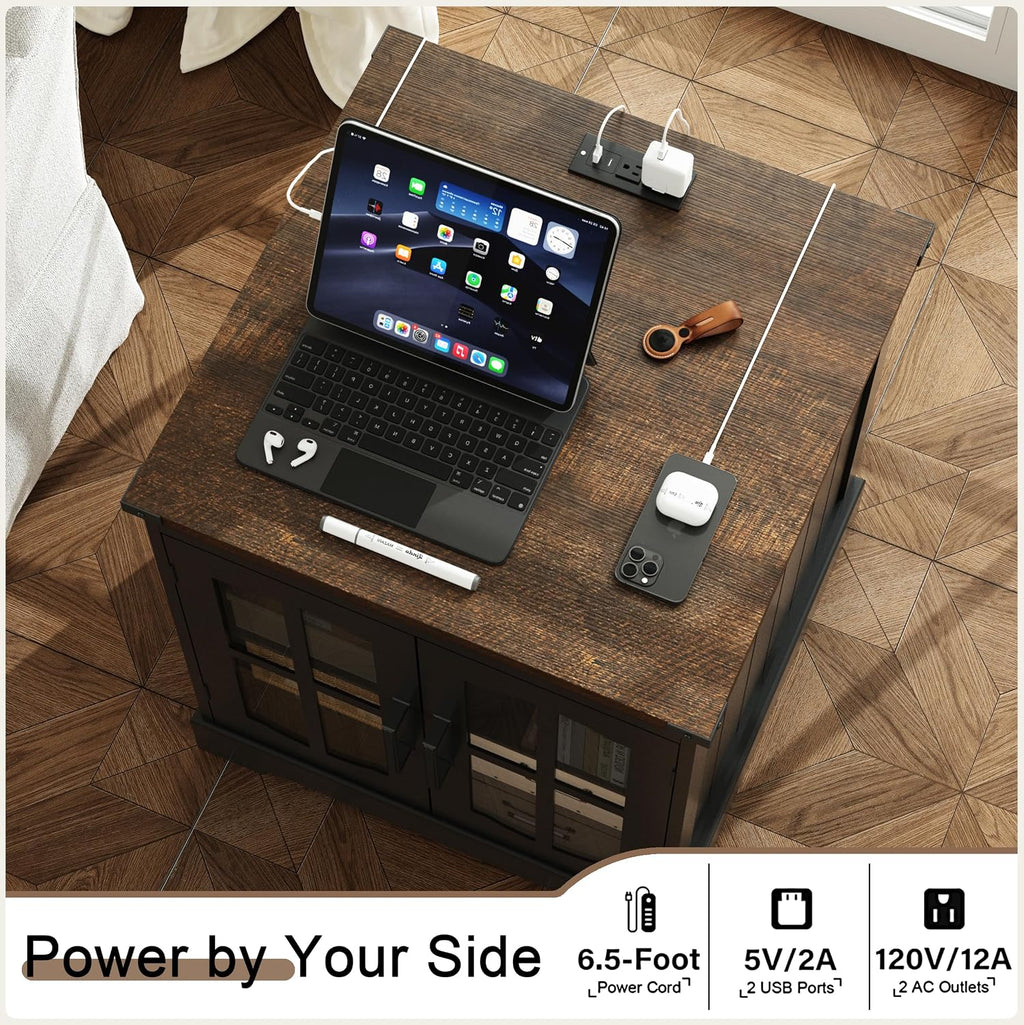 ChooChoo Rustic End Table, 24' Large Sofa Side Table with Charging Station & LED Light, Black Nightstand with Adjustable Storage Shelf, Square Bedside Table for Living Room, Bedroom, Office