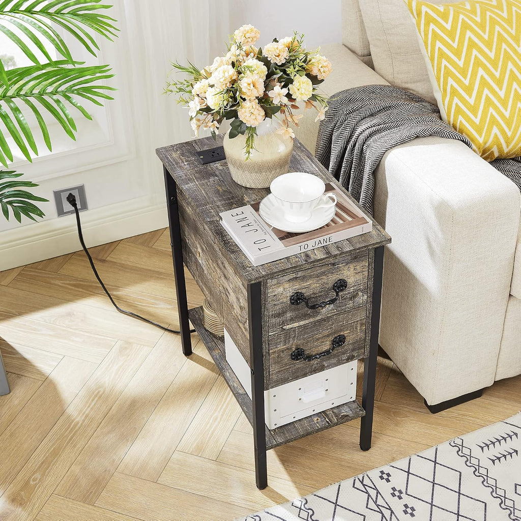 VECELO End Tables,Narrow Nightstands with Charging Station & USB Ports &Drawers,Night Stand for Living Room, Bedroom,Misty Gray