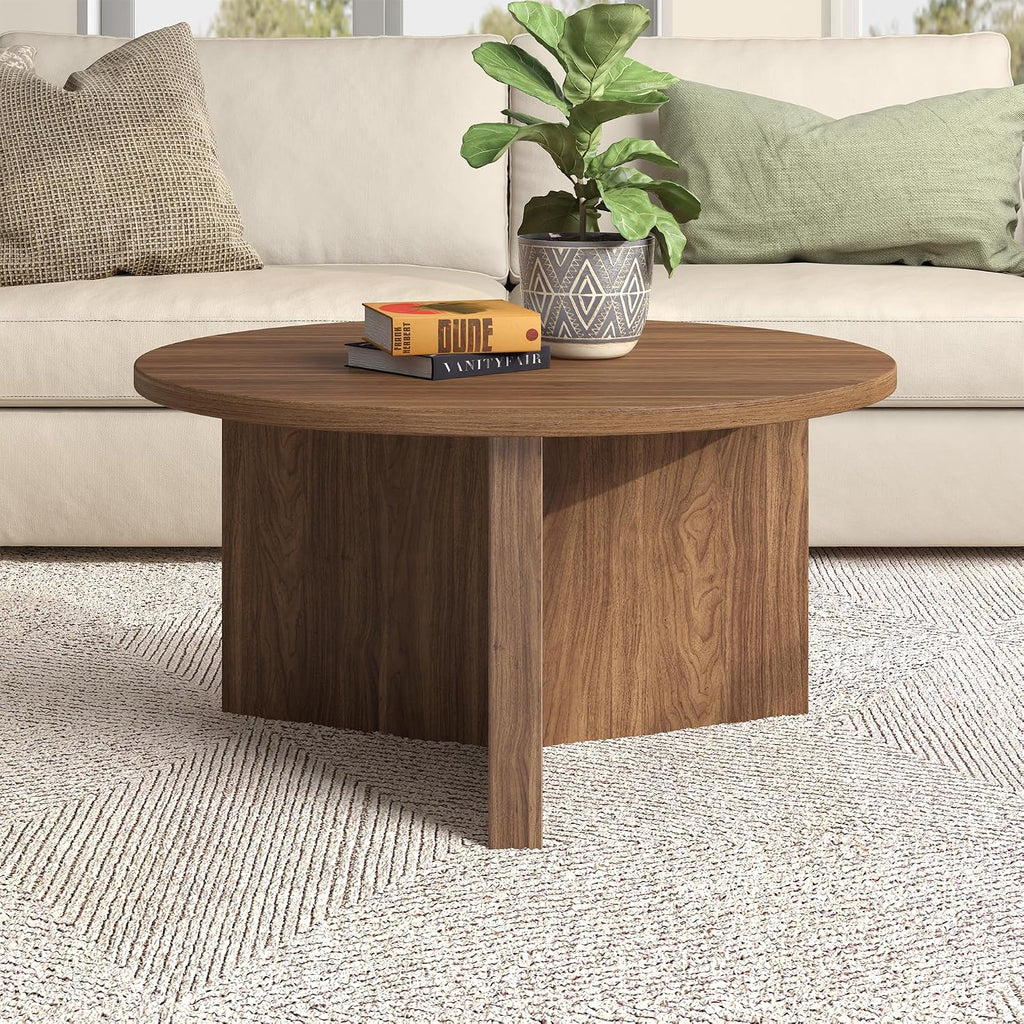 Henn&Hart 32' Round Wood Pedestal Coffee Table for Living Room, Family Room, Office, or Apartment, Medium Walnut