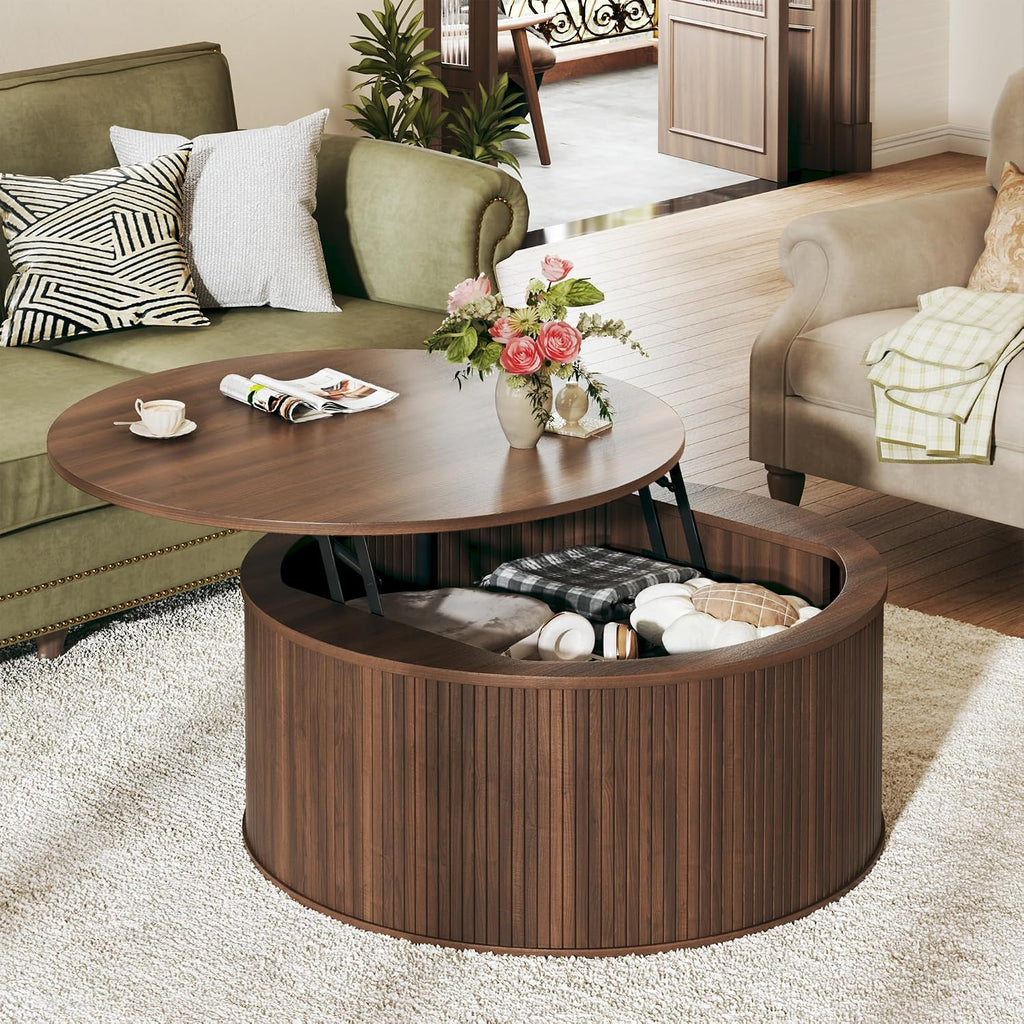 HUAHUU Round Coffee Table with Storage, 31.5' Lift Top Coffee Table, Mid Century Modern Coffee Tables for Living Room, Apartment Office, Fluted Table with Rustic Wood Desktop, Walnut